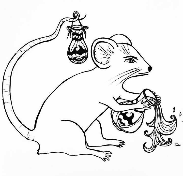 A mouse with a human face holding a wig and a handbag, with a mouse tail hanging from above.