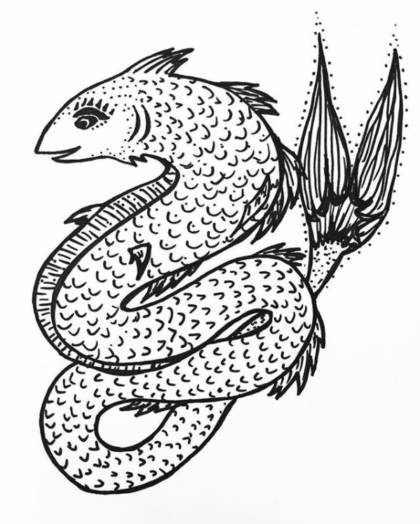 Black and white drawing of a mermaid with a fish tail, long fins, and a scaled body.