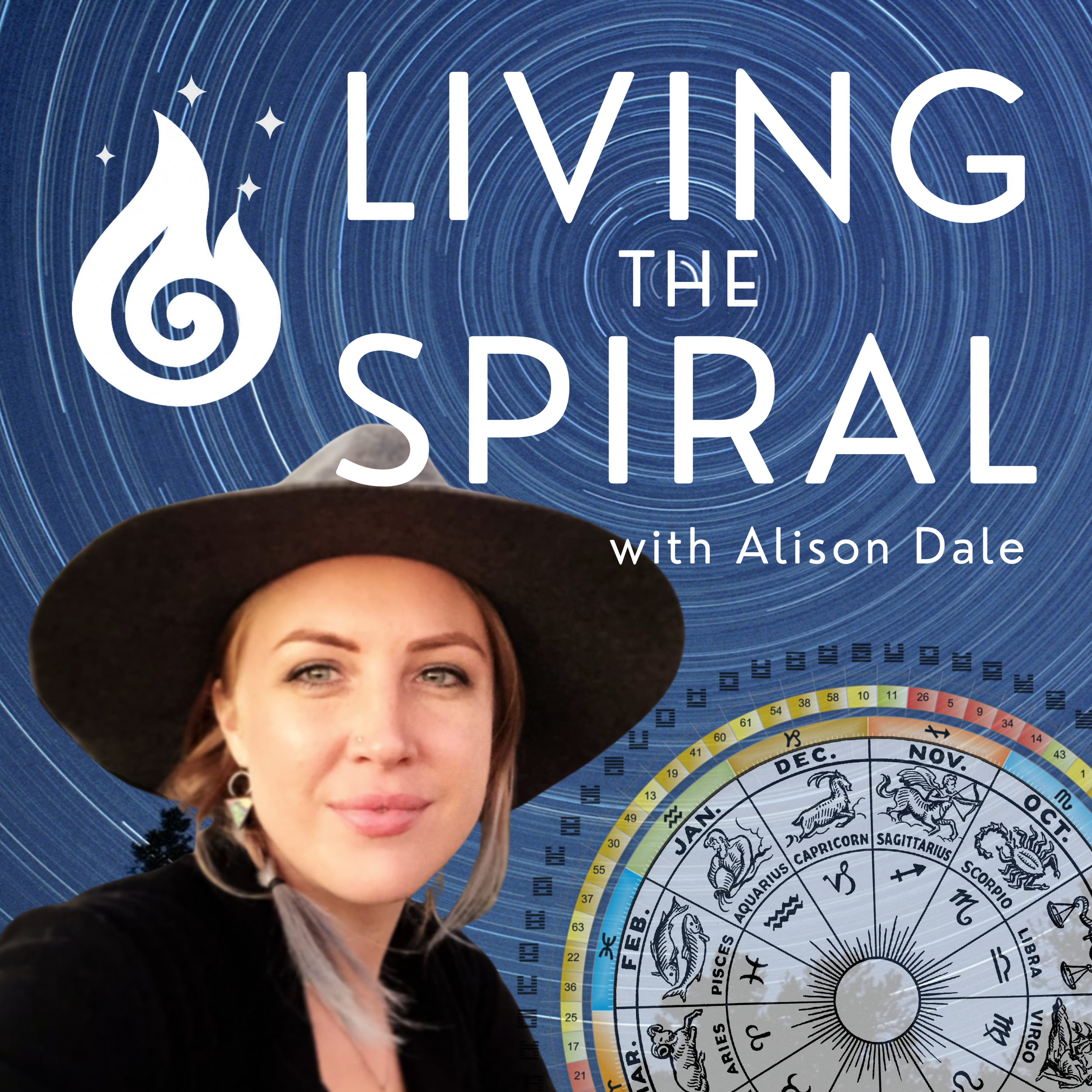Book cover for 'Living the Spiral with Alison Dale,' featuring a woman with red hair wearing a black top and a wide-brimmed gray hat, overlaid on a starry night sky with spiral star trails, and an astrological chart showing zodiac signs.
