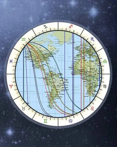 A circular map of South America surrounded by an astrological zodiac chart with various colored lines and symbols, set against a starry background.
