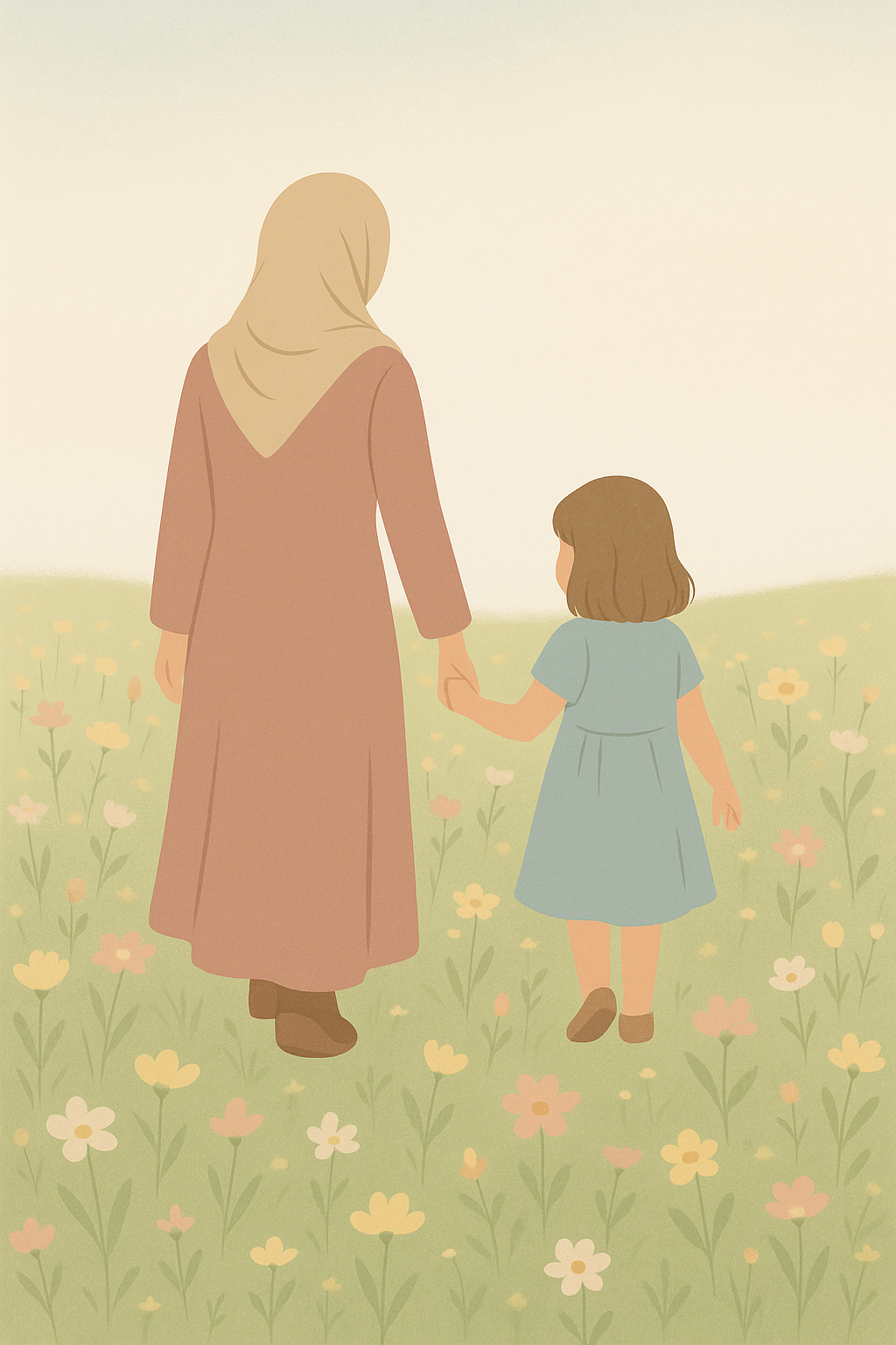 A woman wearing a beige headscarf and long brown dress holding hands with a young girl in a blue dress walking through a field of flowers.