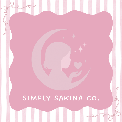 Pink background with white vertical stripes, a silhouette of a girl's face and hands within a moon, surrounded by stars and a heart, with the text 'Simply Sakina Co.' at the bottom.