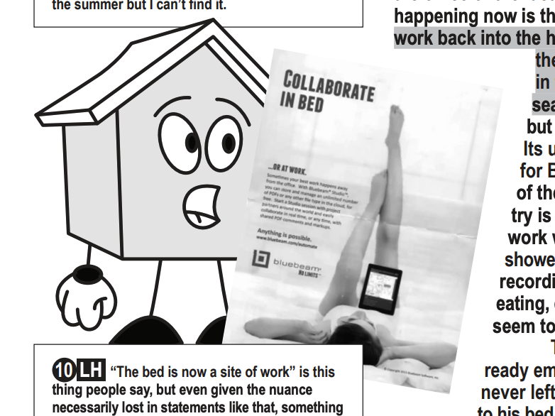An illustrated house character with big eyes and a wide smile stands with arms at sides. Overlaid is a black-and-white photograph of a person lying on a bed, holding a tablet, with their legs raised against the wall. The overlay includes text reading "Collaborate in Bed."