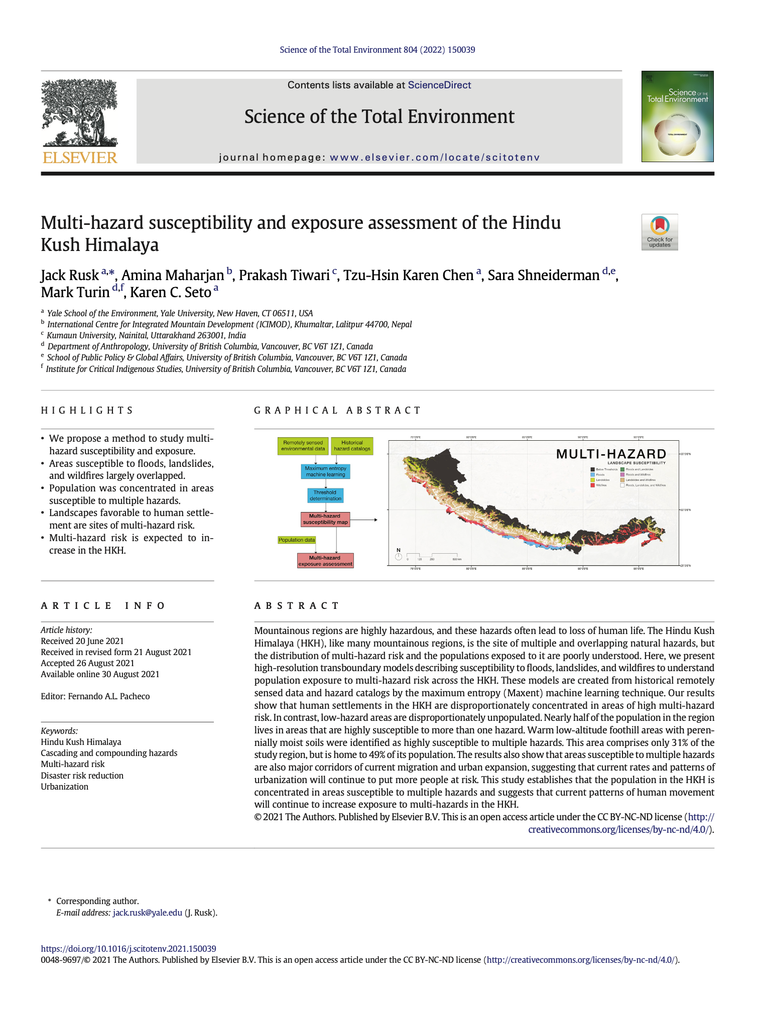 Scientific research article titled 'Multi-hazard susceptibility and exposure assessment of the Hindu Kush Himalaya' from the journal 'Science of the Total Environment,' including a map of the Hindu Kush Himalaya region showing areas prone to multiple hazards such as floods, landslides, and wildfires, with an abstract summarizing the study.