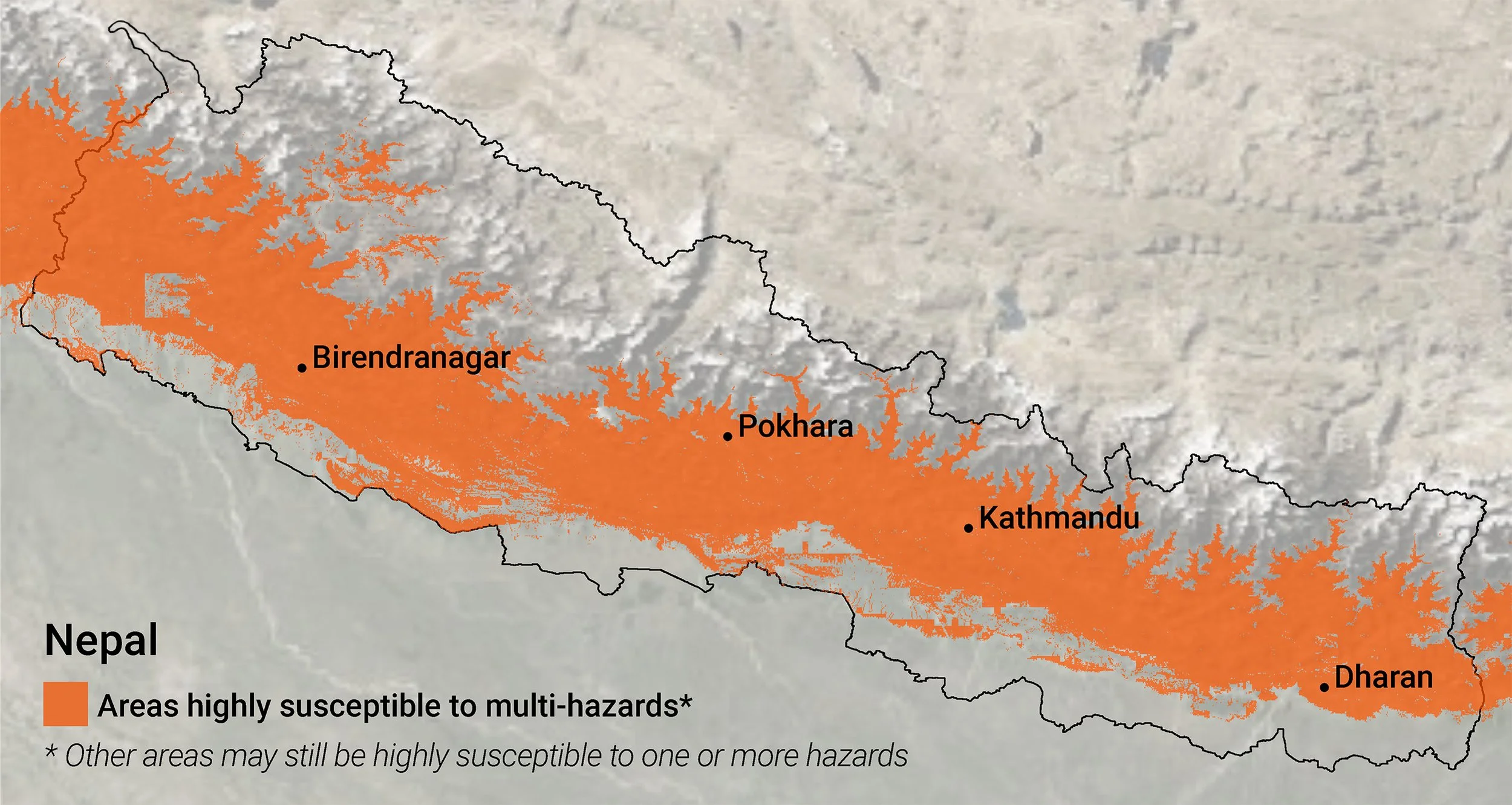 Map of Nepal showing areas highly susceptible to multi-hazards in orange, including regions around Birendranagar, Pokhara, Kathmandu, and Dharan. The map features a legend indicating susceptible areas and notes other areas may also be highly vulnerable.