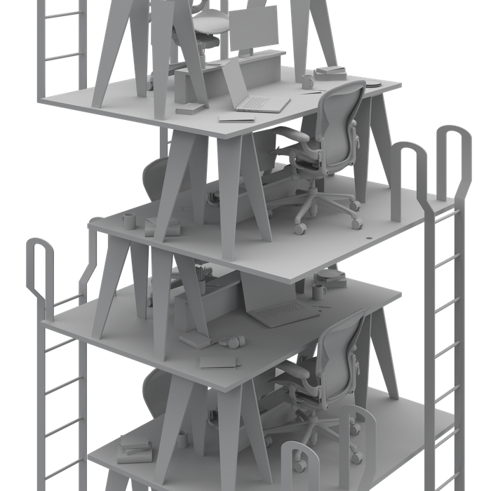 A multi-tiered storage rack holding three desks with office equipment and chairs, used for organizing multiple workspaces.