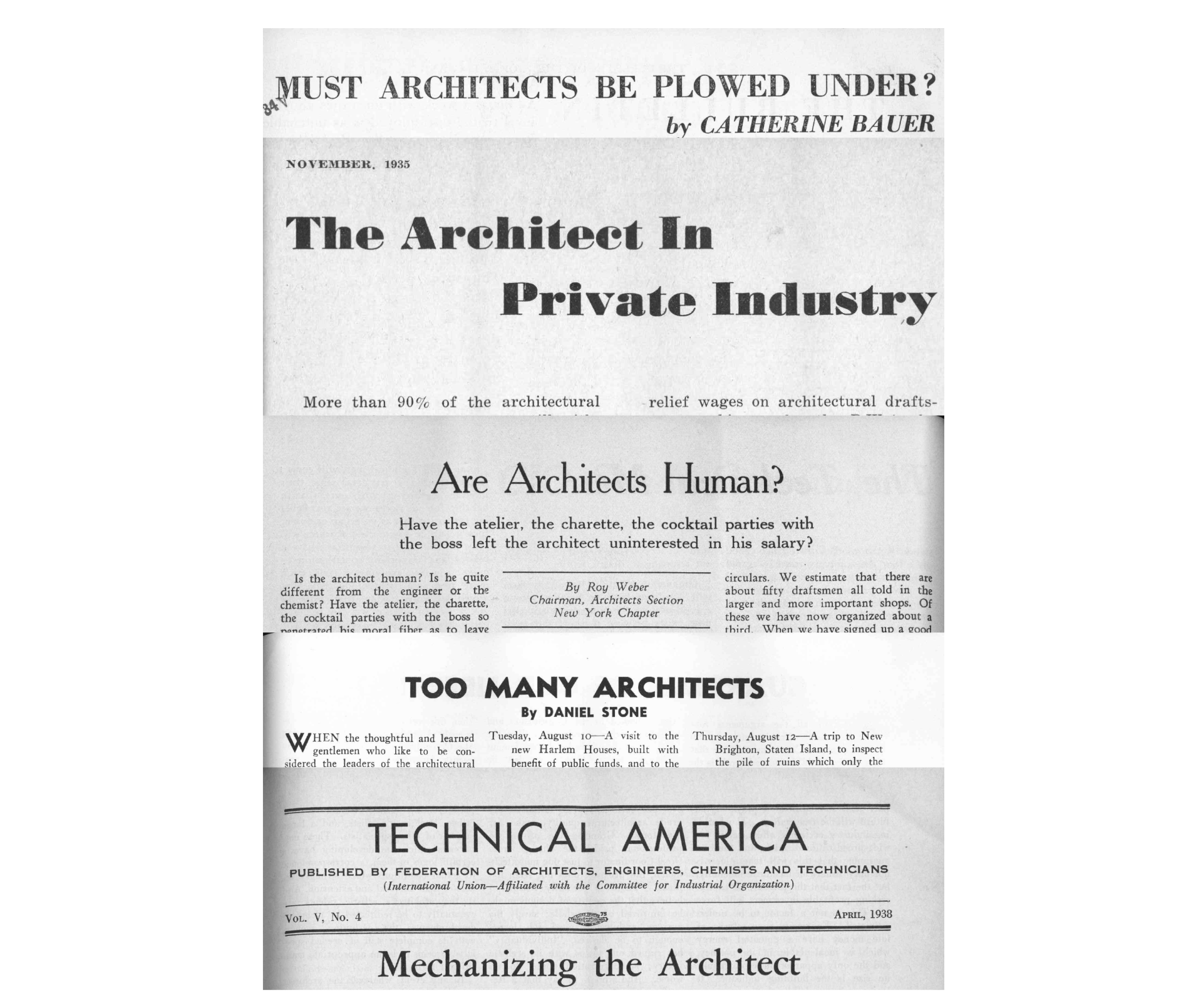 Black and white scanned page of an article titled 'Must Architects Be Plowed Under?' by Catherine Bauer, published in 1935, featuring headlines about architecture and architects, with a section titled 'Too Many Architects' by Daniel Stone, and a segment called 'Technical America' with publication details.