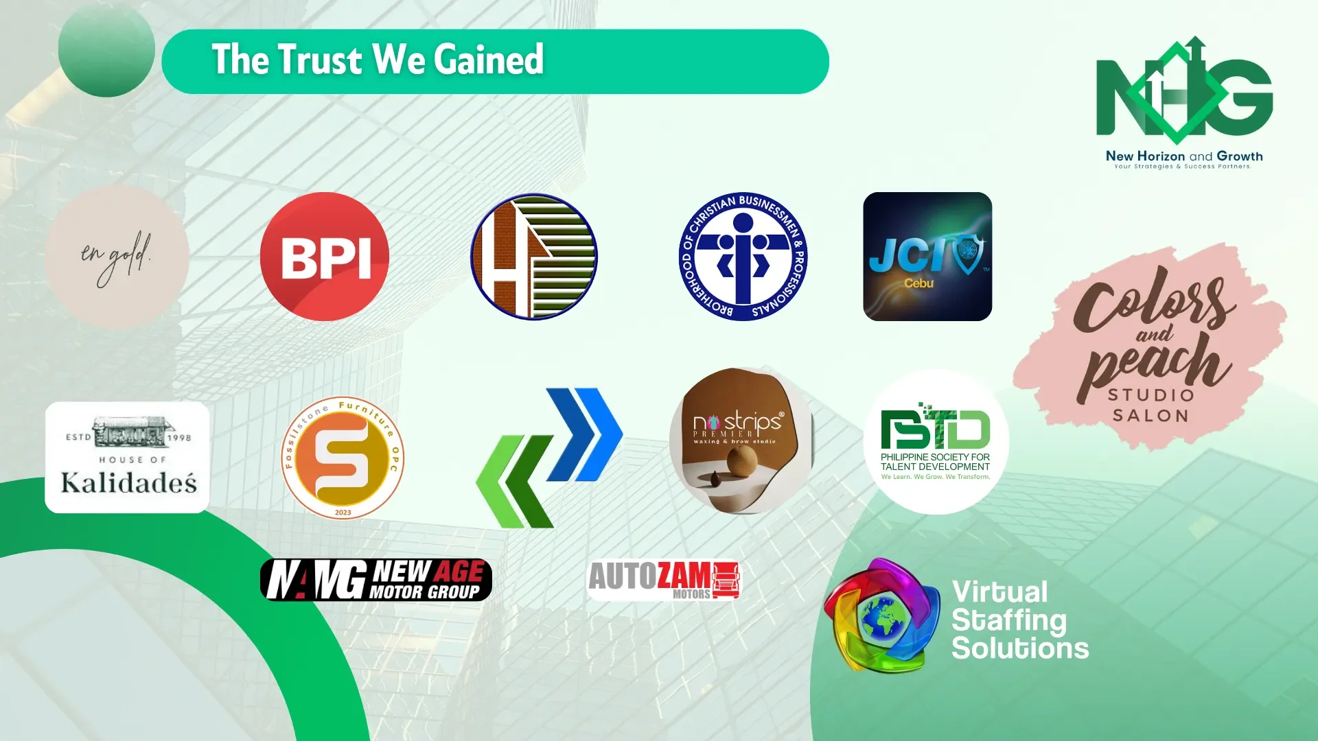 Logo collage from a presentation slide titled 'The Trust We Gained' featuring various business and organization logos including BPI, House of Kalidadés, NMG, Colors and Peach Studio Salon, Contacts, Auto Zam, Virtual Staffing Solutions, Philippine Society for Talent Development, JCI Cebu, and others, with a background of a modern glass building.