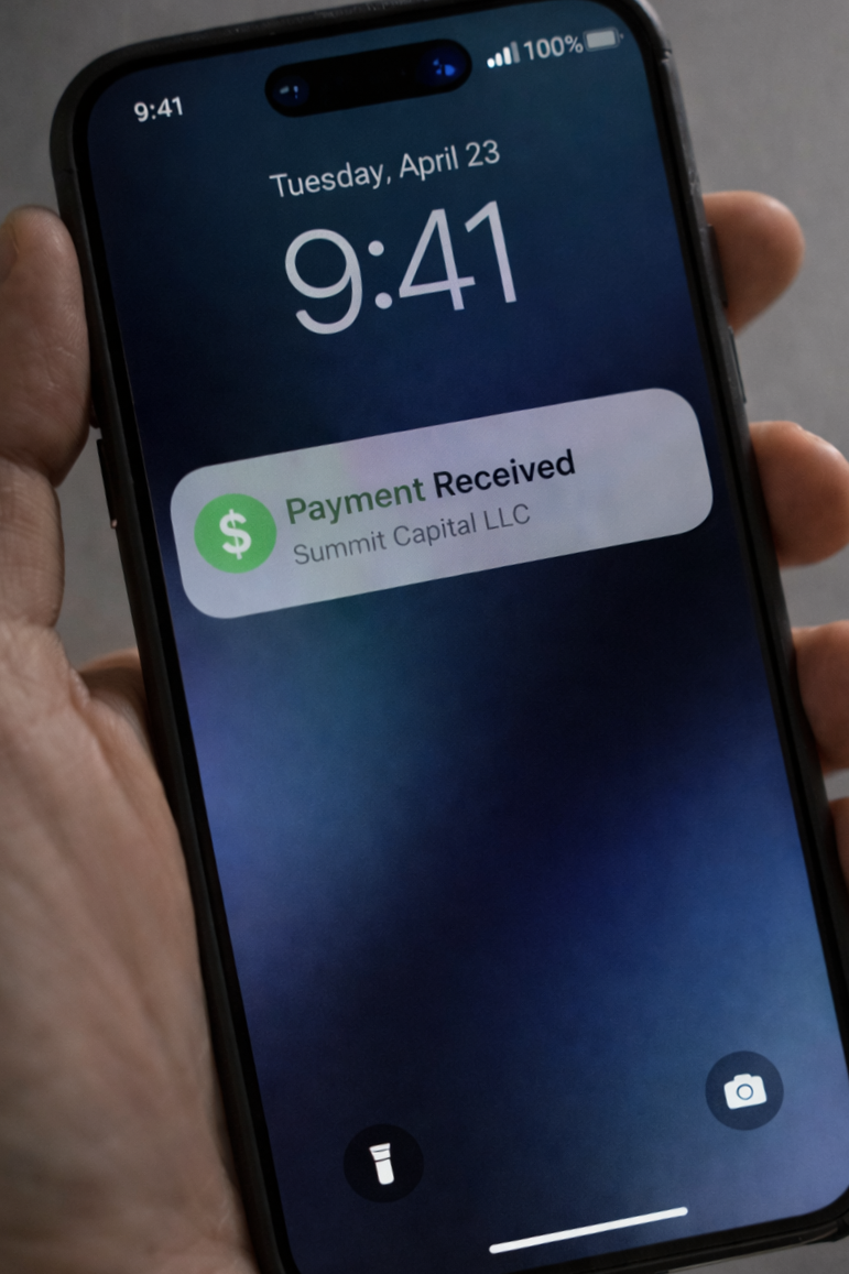 A phone with a notification that a payment has been received.