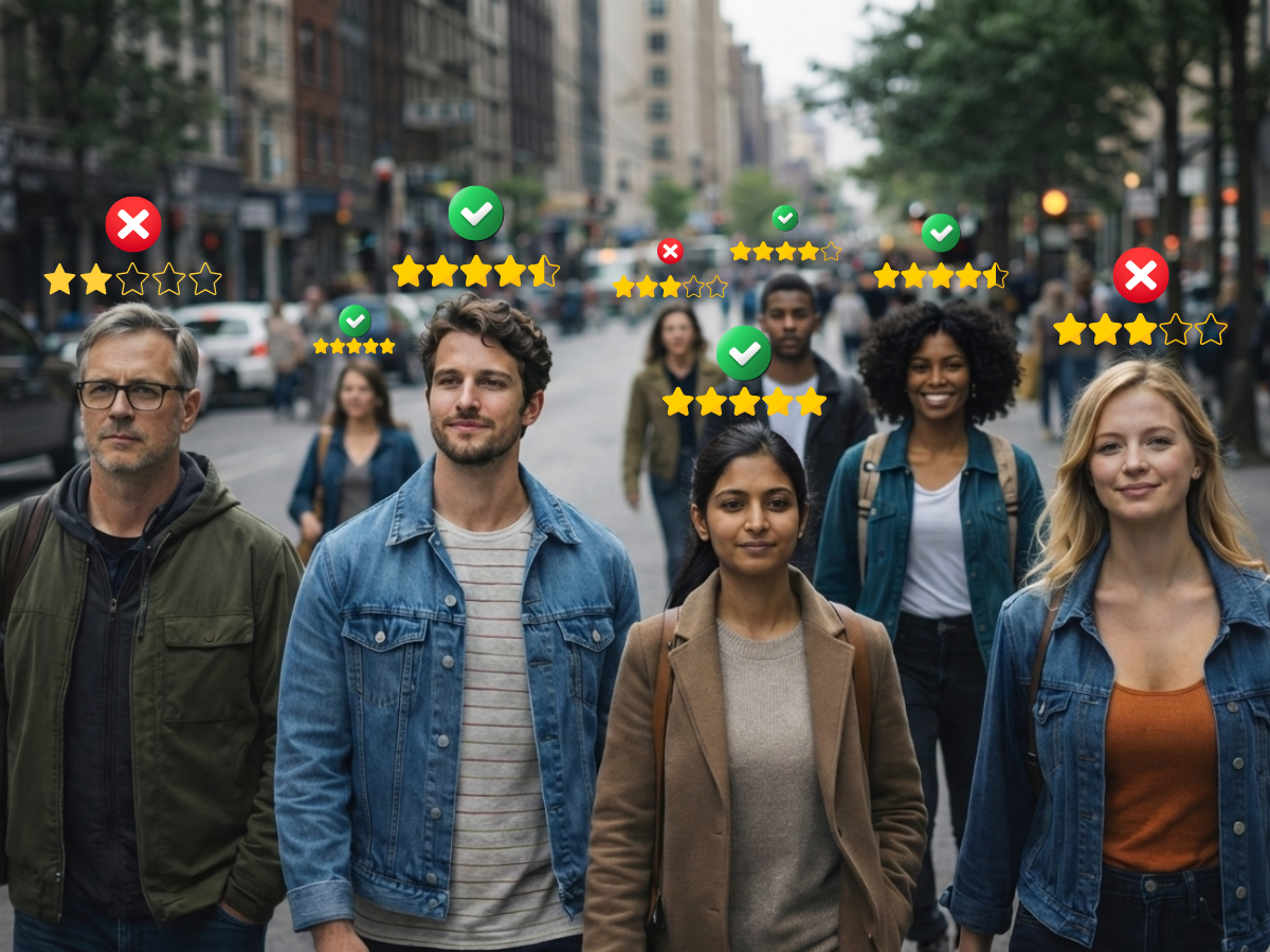Group of diverse people walking on the street with star ratings over their heads. If the star ratings are above 4, they get a green check. Under 3, they get a red x.