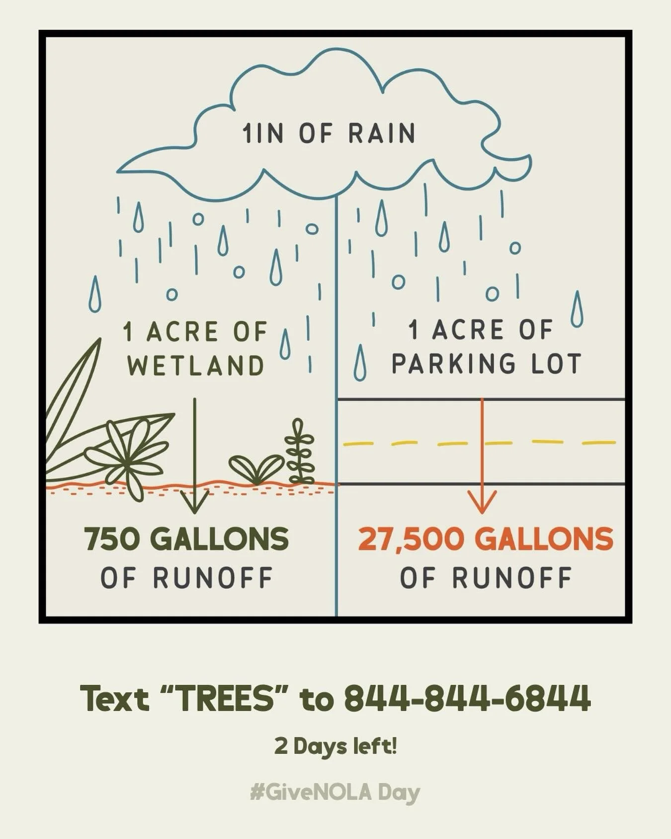 2 days left in our GiveNOLA push.

Fact #3: Where water goes depends on what&rsquo;s planted.

An acre of wetland sends 750 gallons into runoff.
An acre of pavement sends 27,500 gallons.

That water has to go somewhere.

Planting trees and native lan