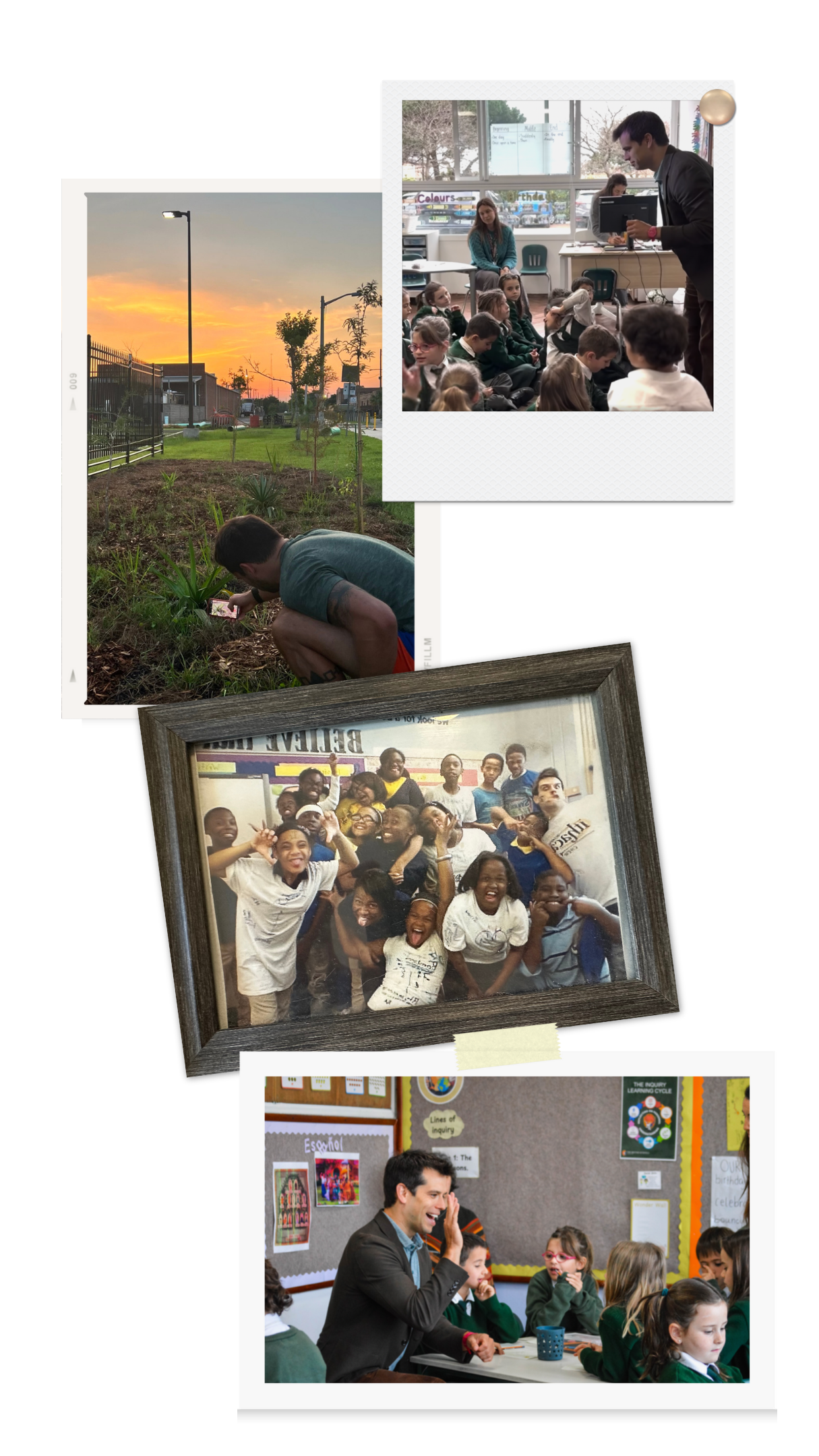 A vertical collage of four photos: Gerrit lecturing to a group, photographing a planting site at sunset, and two scenes of him interacting with students in a classroom.