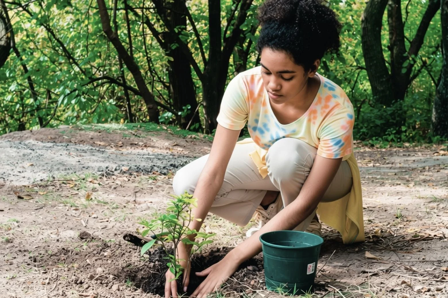 A young woman in a colorful tie-dye t-shirt kneeling in a wooded area, carefully placing a small green plant into the soil next to a green plastic nursery pot.