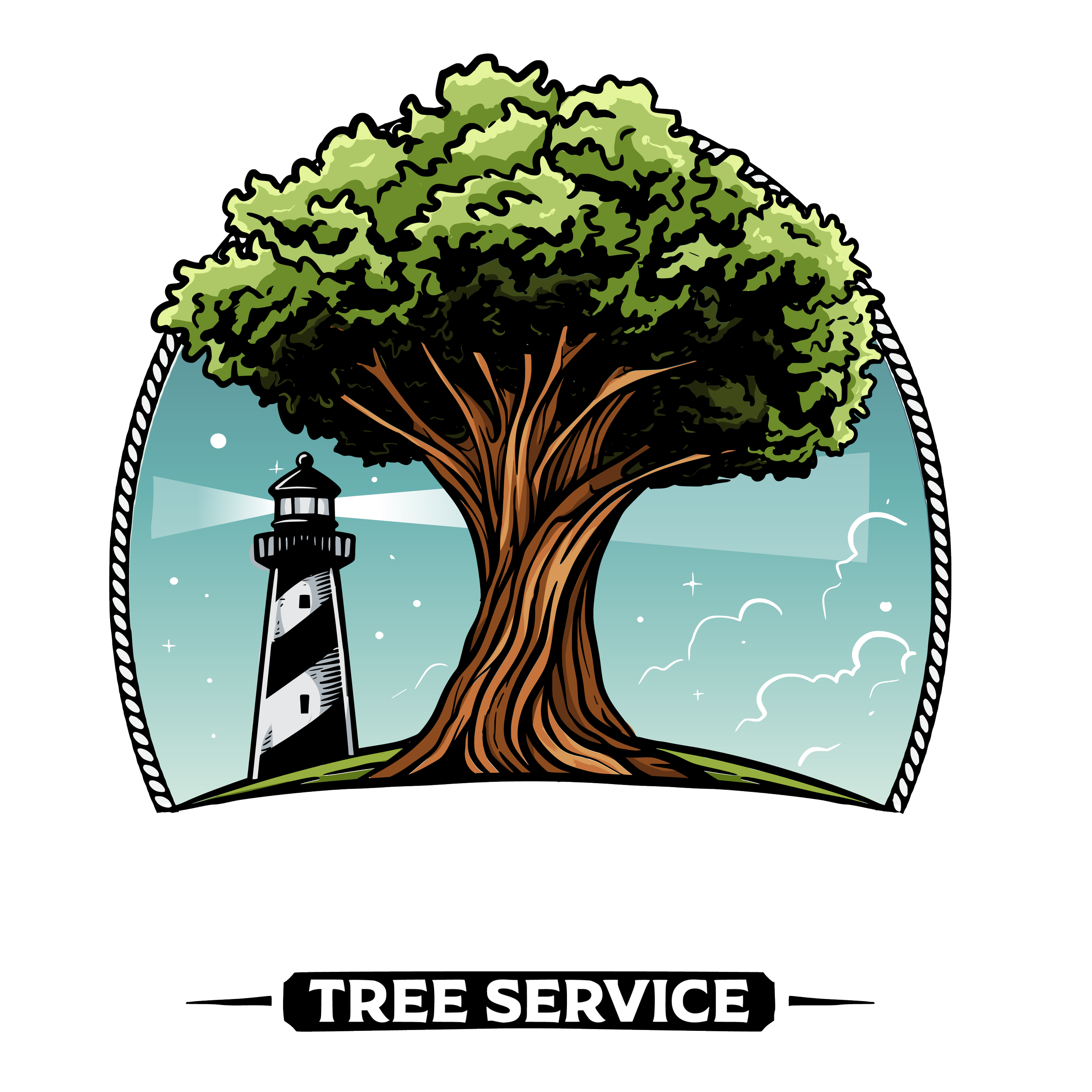 A logo with a large green tree and a lighthouse behind it, labeled 'Tree Service' at the bottom.