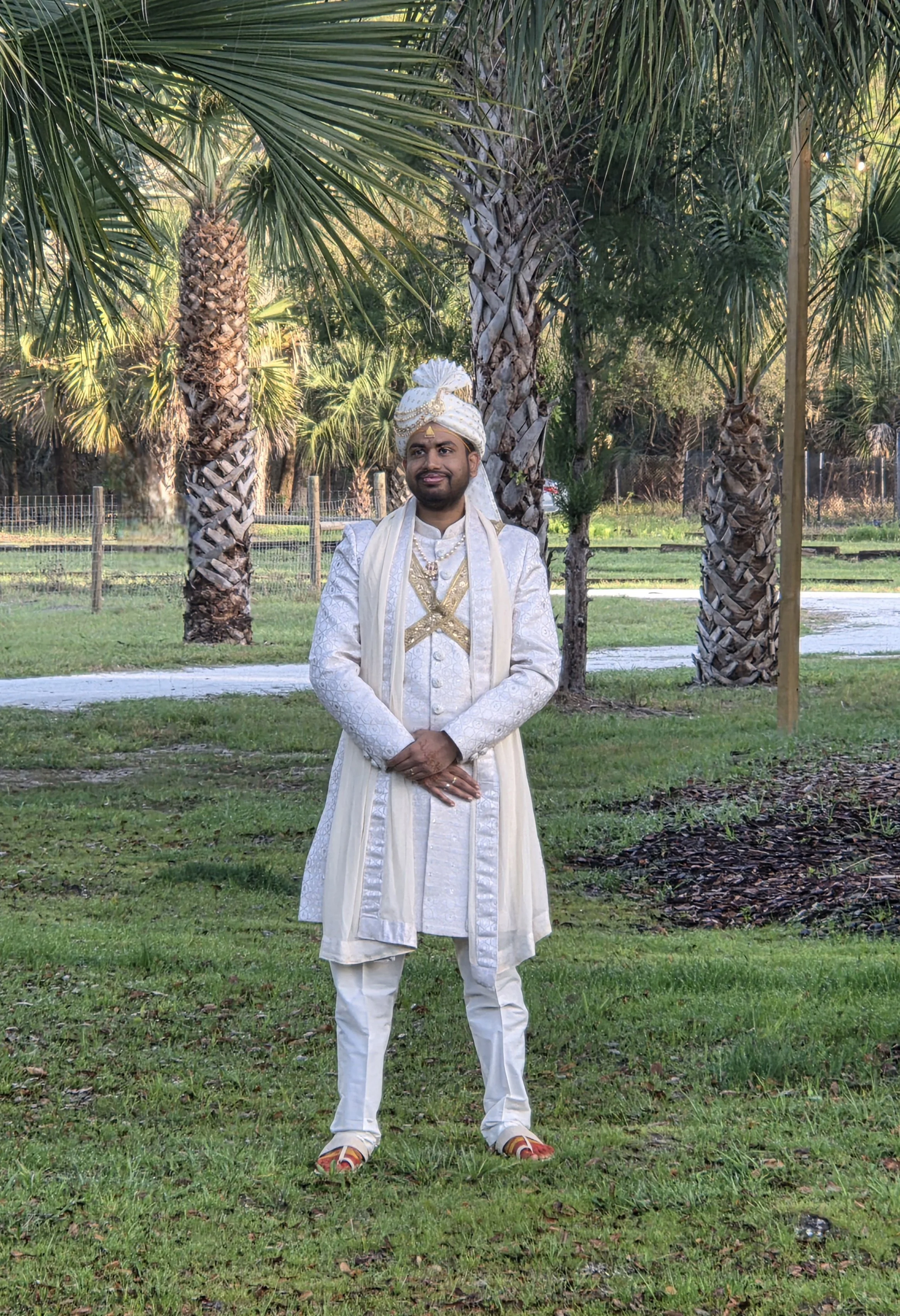 A man dressed in traditional Indian wedding attire standing on grass with palm trees in the background.