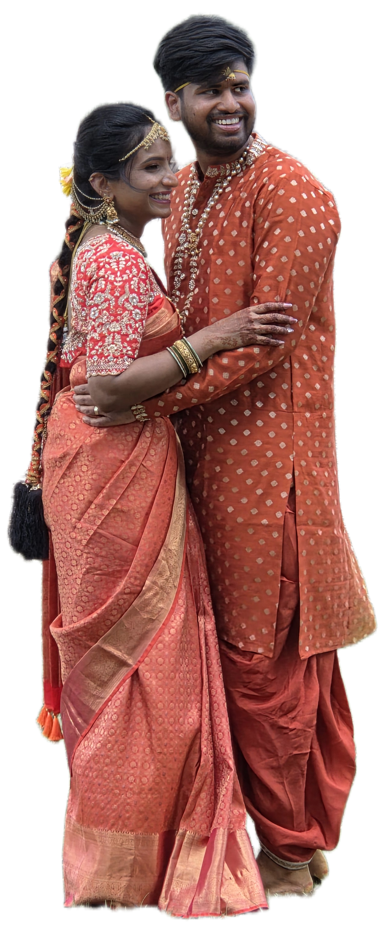 A couple dressed in traditional Indian attire celebrating an Indian wedding.