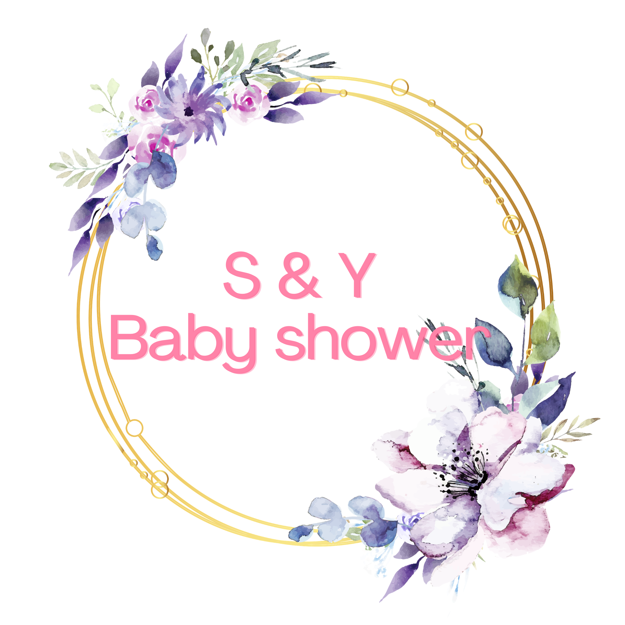 Decorative floral border with purple, pink, and green watercolor flowers and leaves, gold circular frame, and pink text at the center.