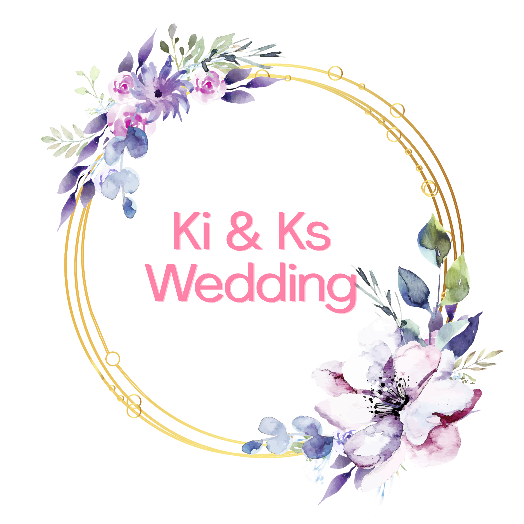 A floral design with purple, pink, and white flowers and green leaves, alongside gold circular lines, with the text "Ki & Ks Wedding" in pink.