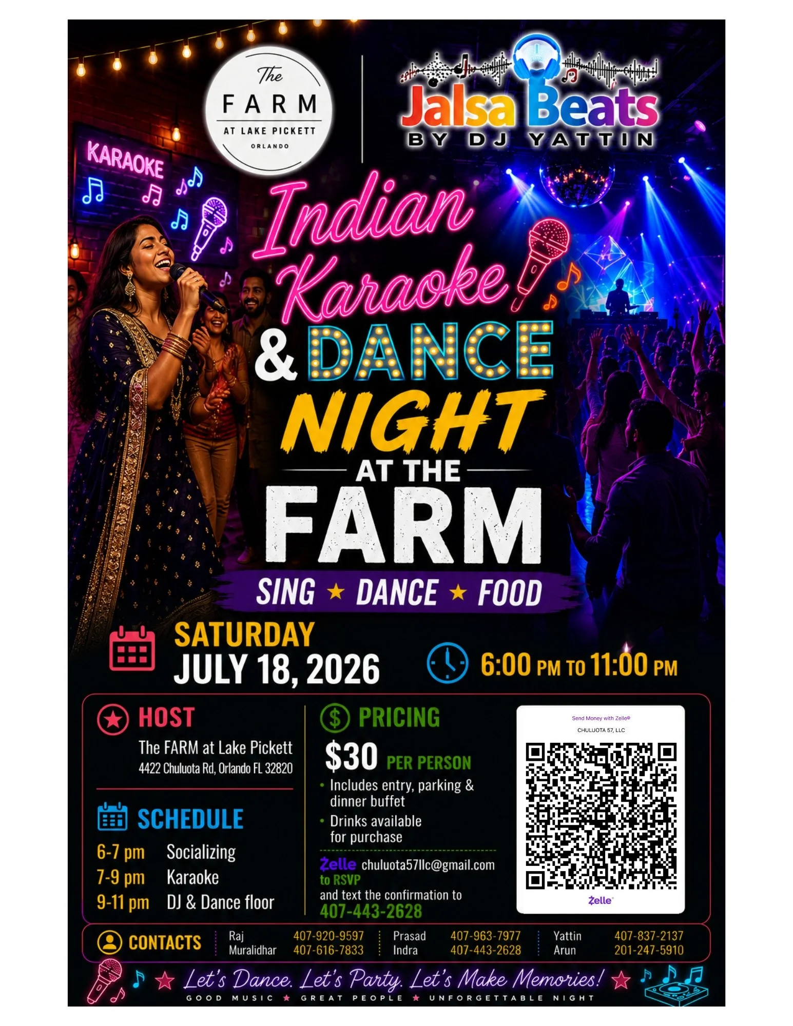 Poster for Indian Karaoke and Dance Night at the Farm at Lake Pickett in Orlando, Florida, on Saturday, July 18, 2026, from 6:00 PM to 11:00 PM. Features singing, dancing, and food with DJ Yattin. The event includes entry parking, dinner buffet, drinks, and a QR code for RSVP.