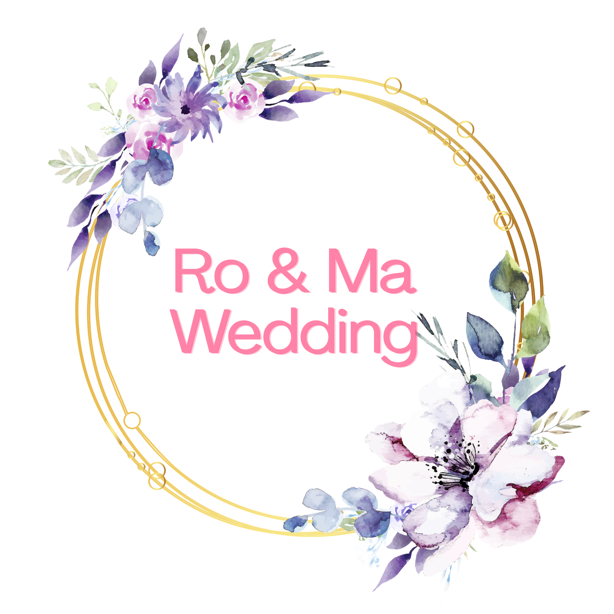 A digital watercolor wedding invitation featuring a floral arrangement of purple and pink flowers with green leaves, gold rings, and pink text that reads "Ro & Ma Wedding."