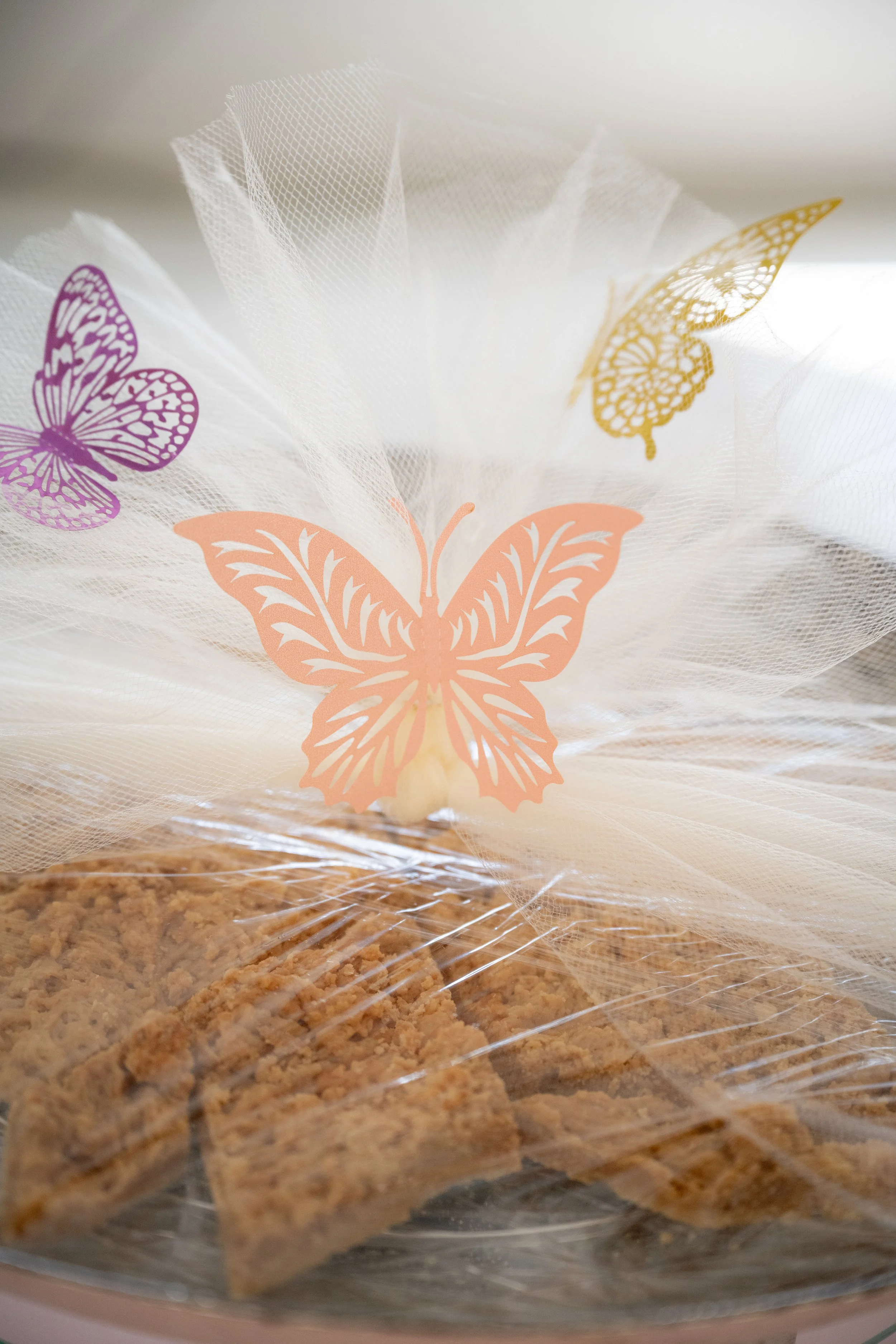 Baked item wrapped in clear plastic with decorative butterflies on it.