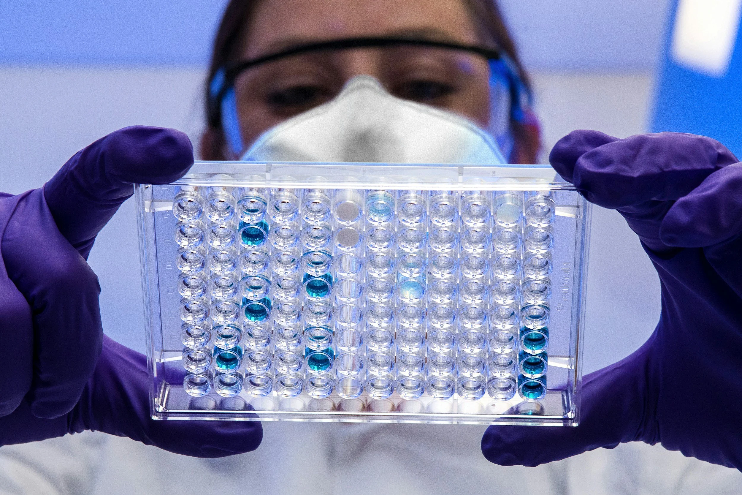 A scientist in a lab coat, purple gloves, and a face mask holding a clear plastic tray with multiple small glass vials, some containing a blue liquid, in a laboratory setting.