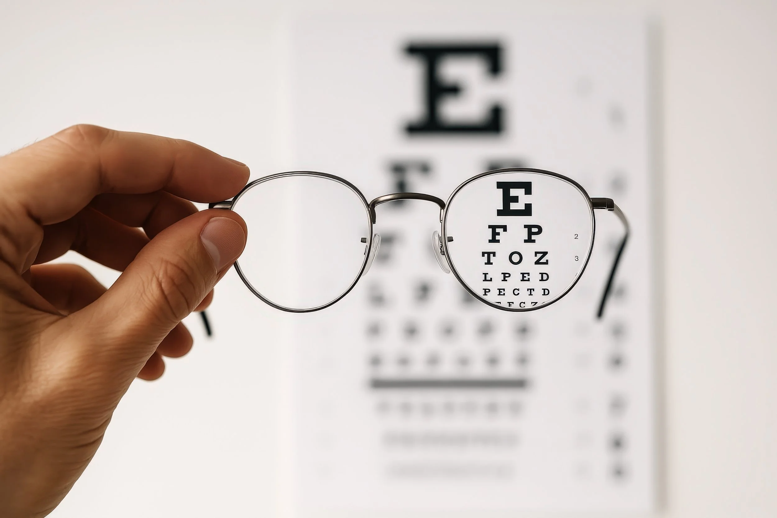 Hand holding glasses in front of eye chart, with the lens showing a clear view of the letter E at the top.