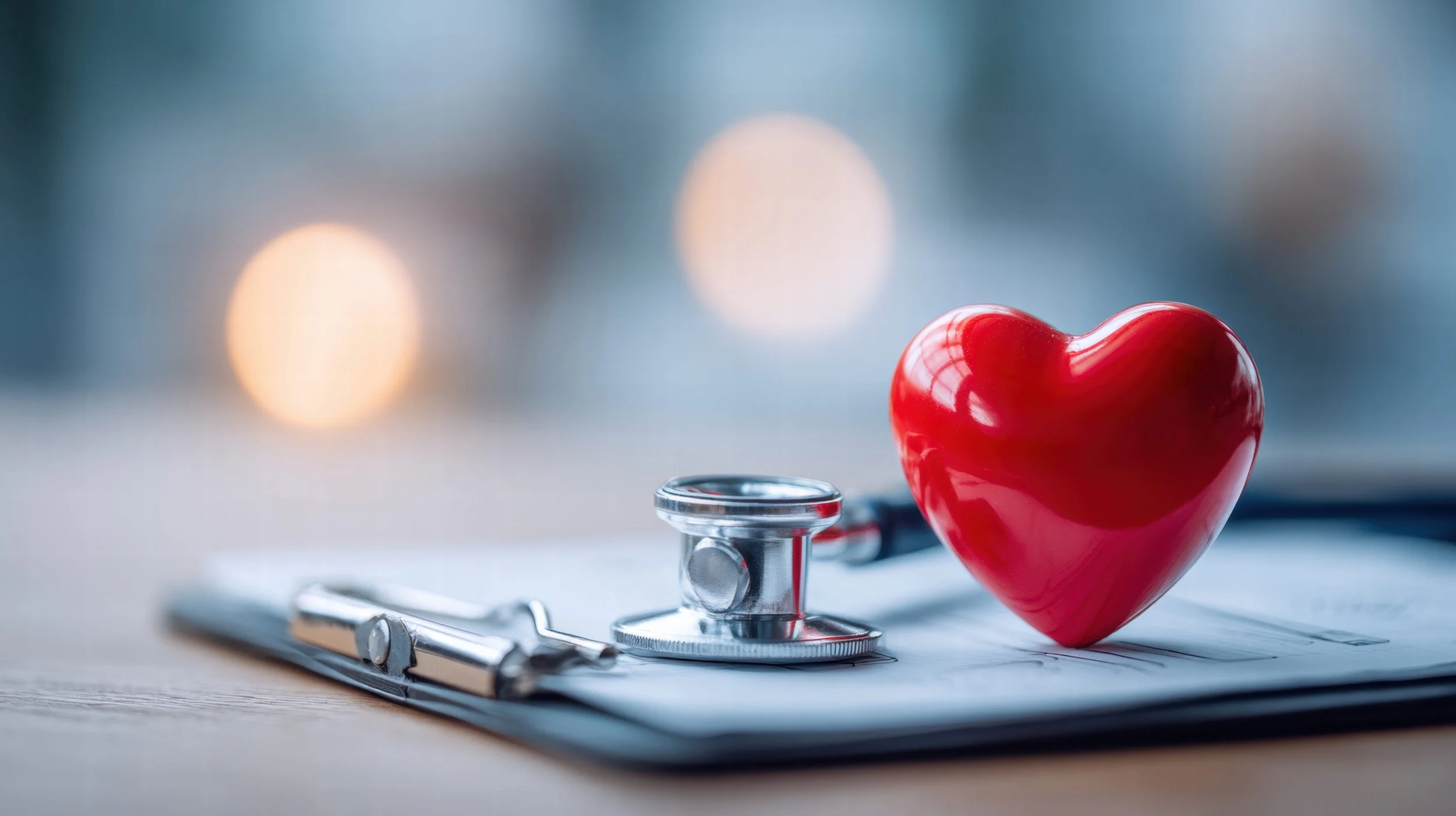 A stethoscope and a red heart-shaped object on a clipboard, symbolizing healthcare or cardiology.