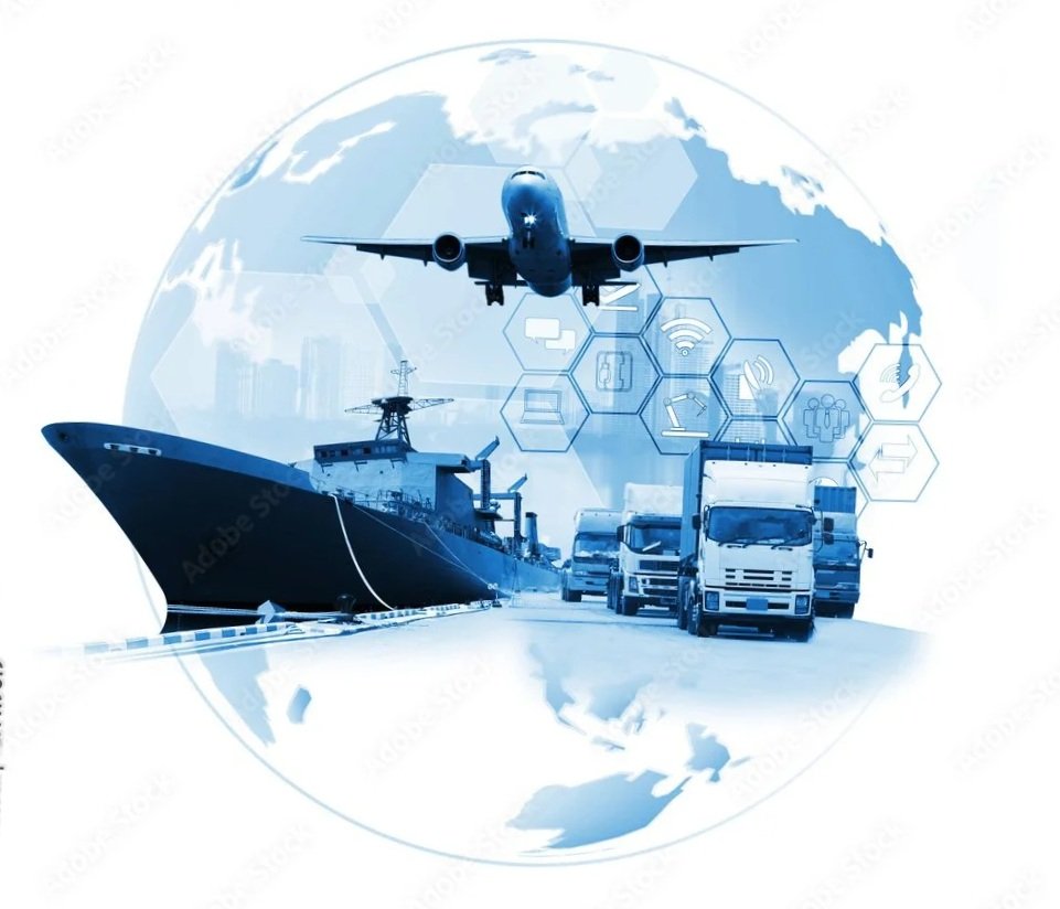 Transportation modes including ships, trucks, and an airplane with digital icons representing connectivity and logistics, set against a globe background.