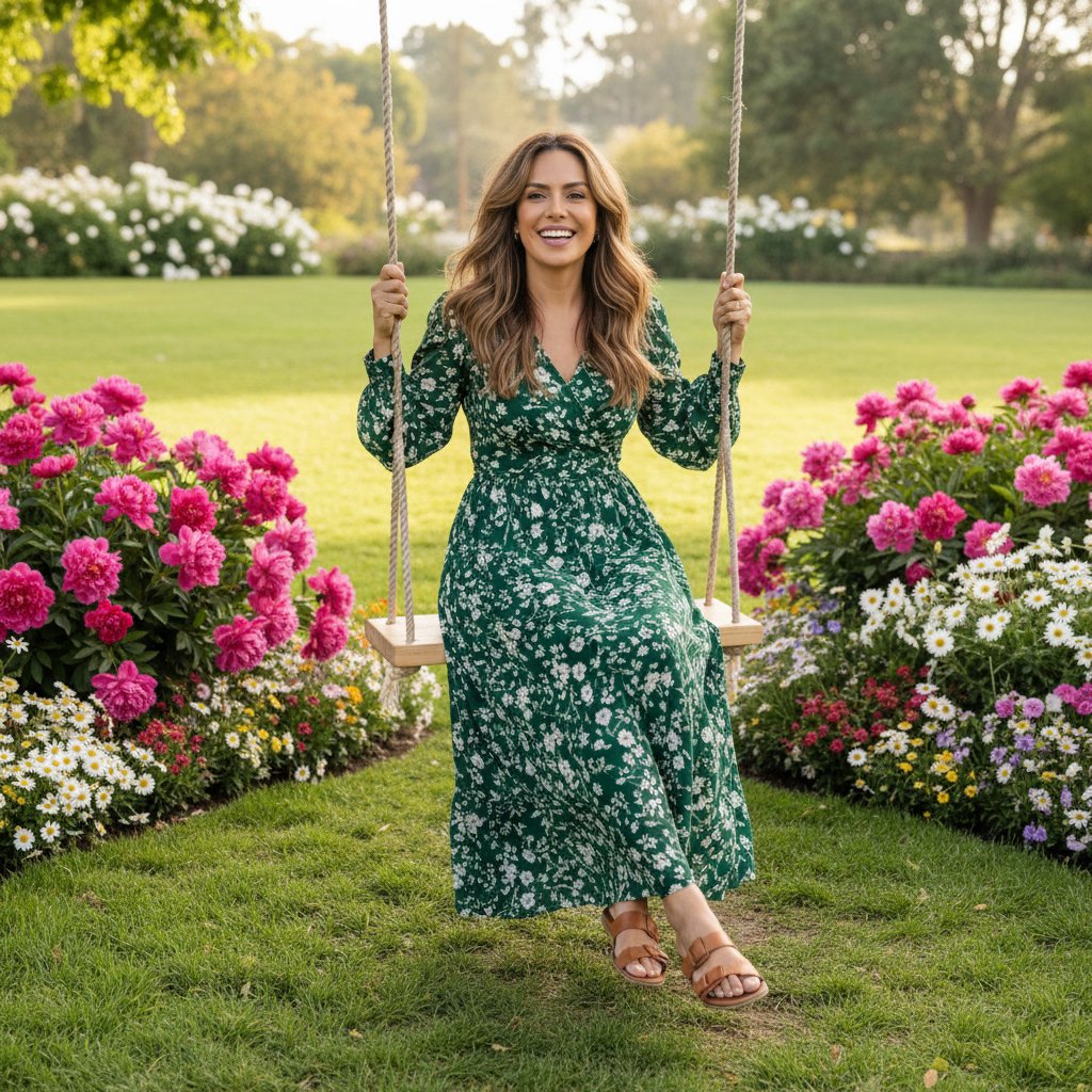 A woman in a green floral dress sitting on a wooden swing in a garden with pink, white, and purple flowers.