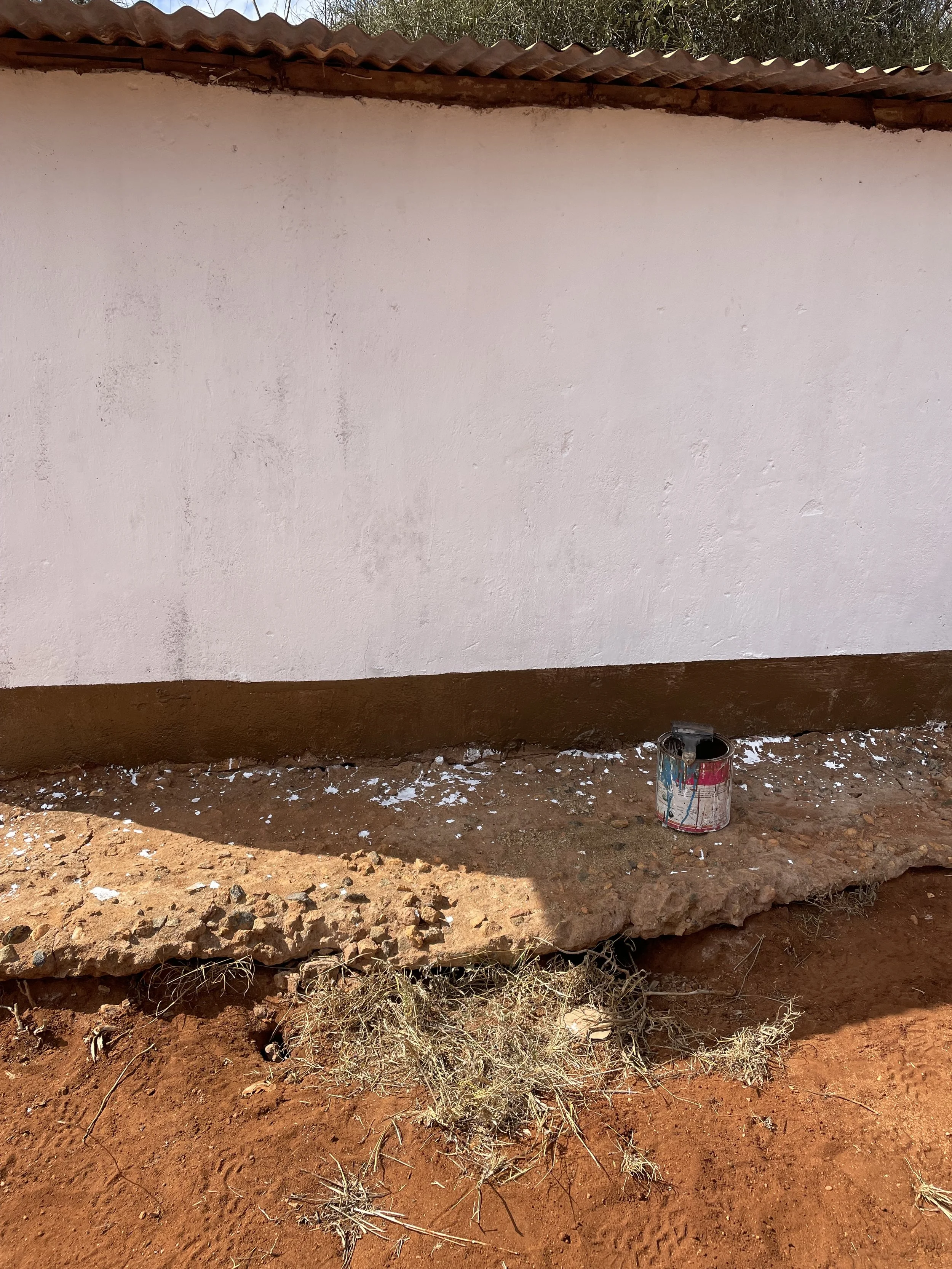 Barely painted wall with a brown baseboard, a rusty metal paint can, and dry grass on reddish dirt ground.