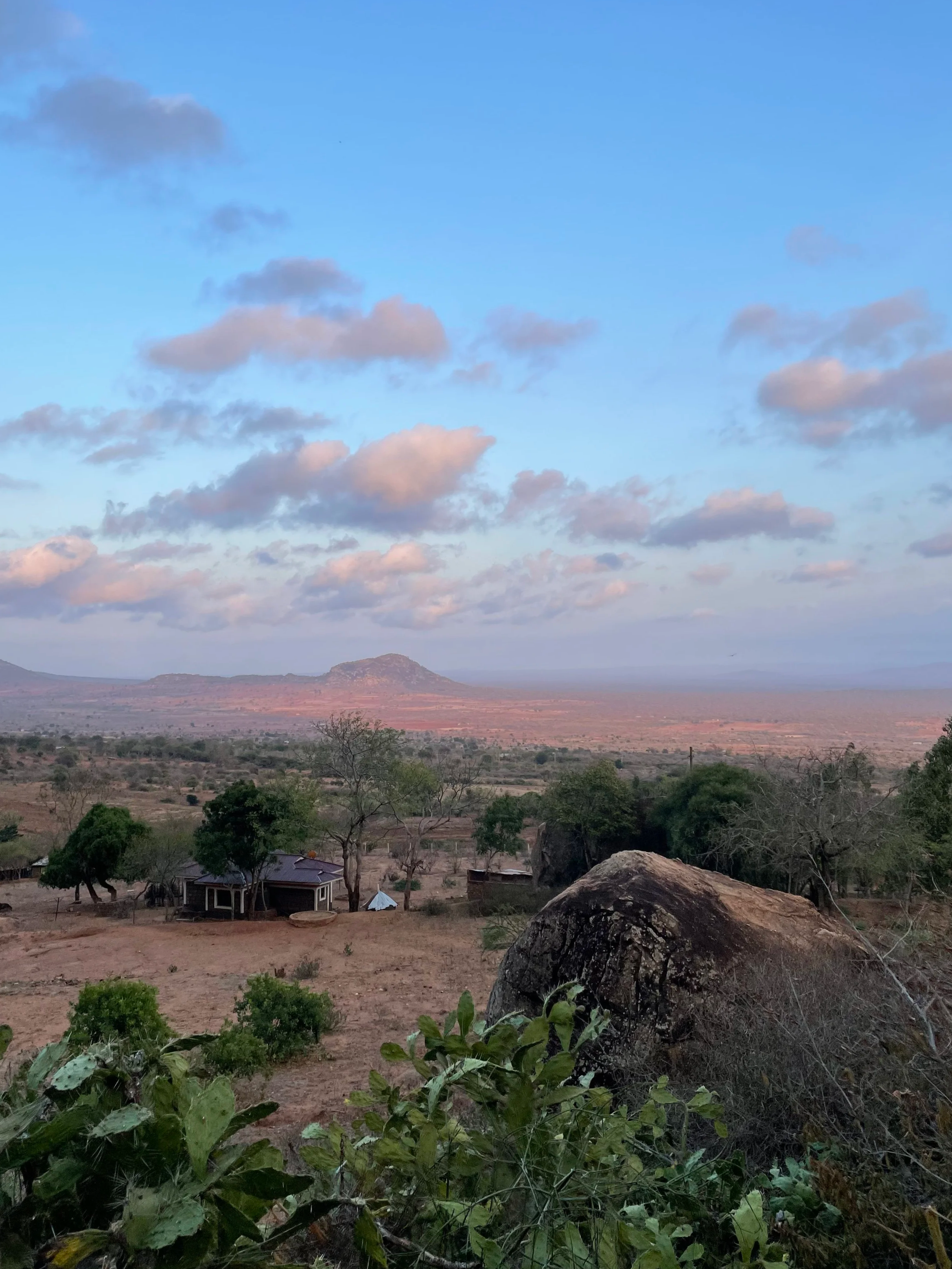 Scenic view of a rural landscape with a large rock, sparse trees, a small house, and distant mountains under a partly cloudy sky.