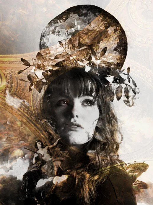 A woman's face in black and white overlaid with artistic elements including a large circular shape, leaves, a bird, and architectural details, creating a surreal, layered composition.