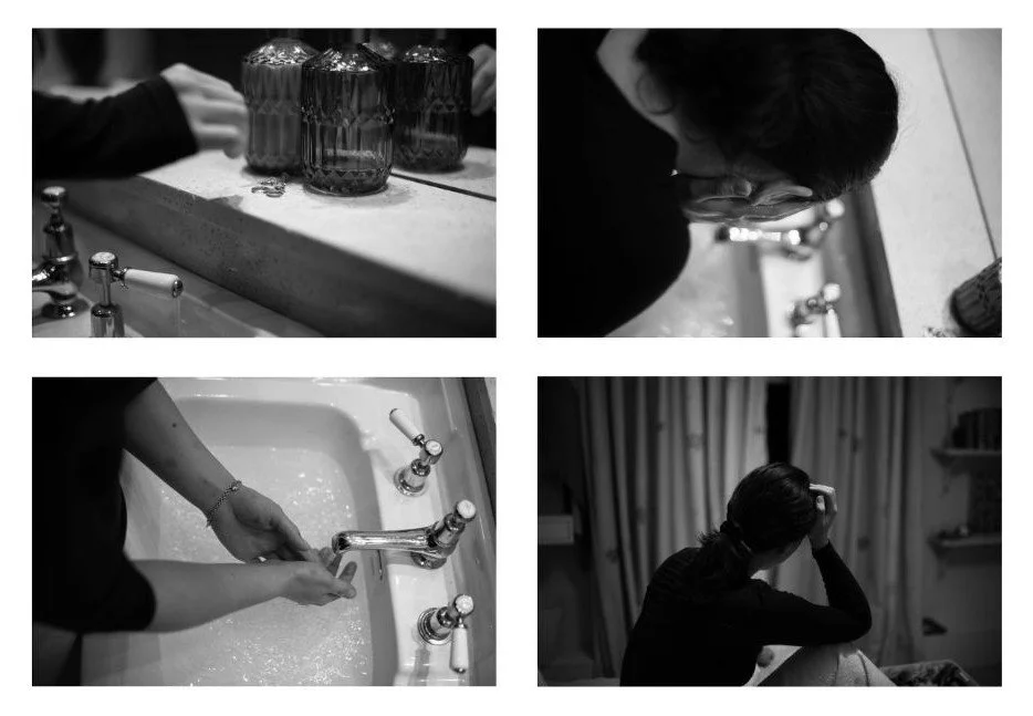 A collage of four black and white photos: top left shows three glass jars on a shelf; top right shows a woman with dark hair leaning over a sink; bottom left shows a person washing their hands in a sink; bottom right shows a woman sitting in a room, 