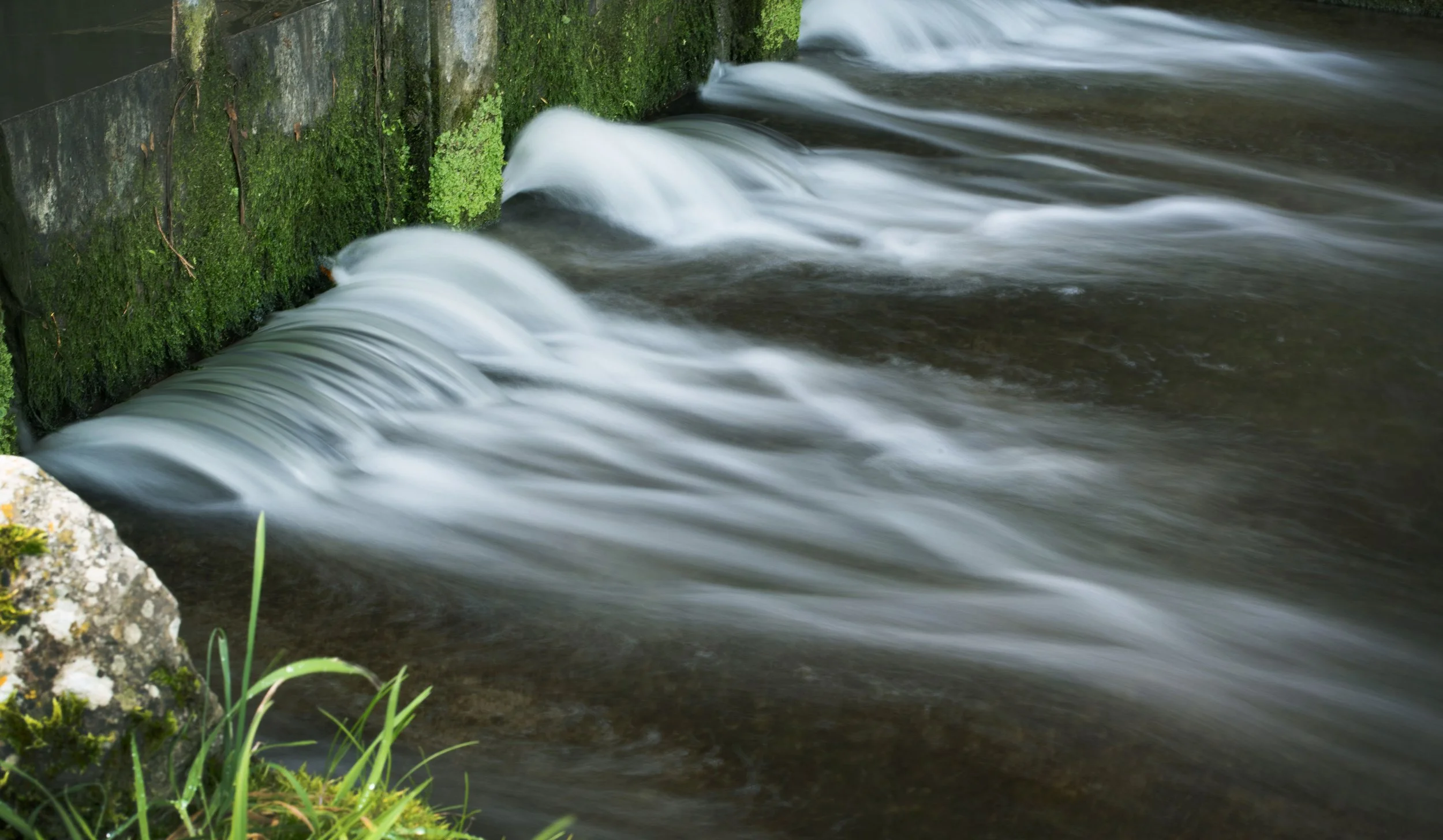 Flowing water over a moss-covered stone and wooden barrier, creating a small waterfall with green plants in the foreground.