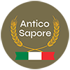 A circular logo with a gold laurel wreath at the top, the words 'Antico Sapore' in the center, and an Italian flag at the bottom.