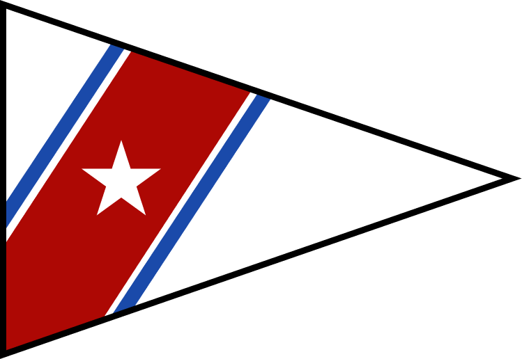 Close-up of a nautical signal flag with red, white, and blue stripes and a white star, on a black background.