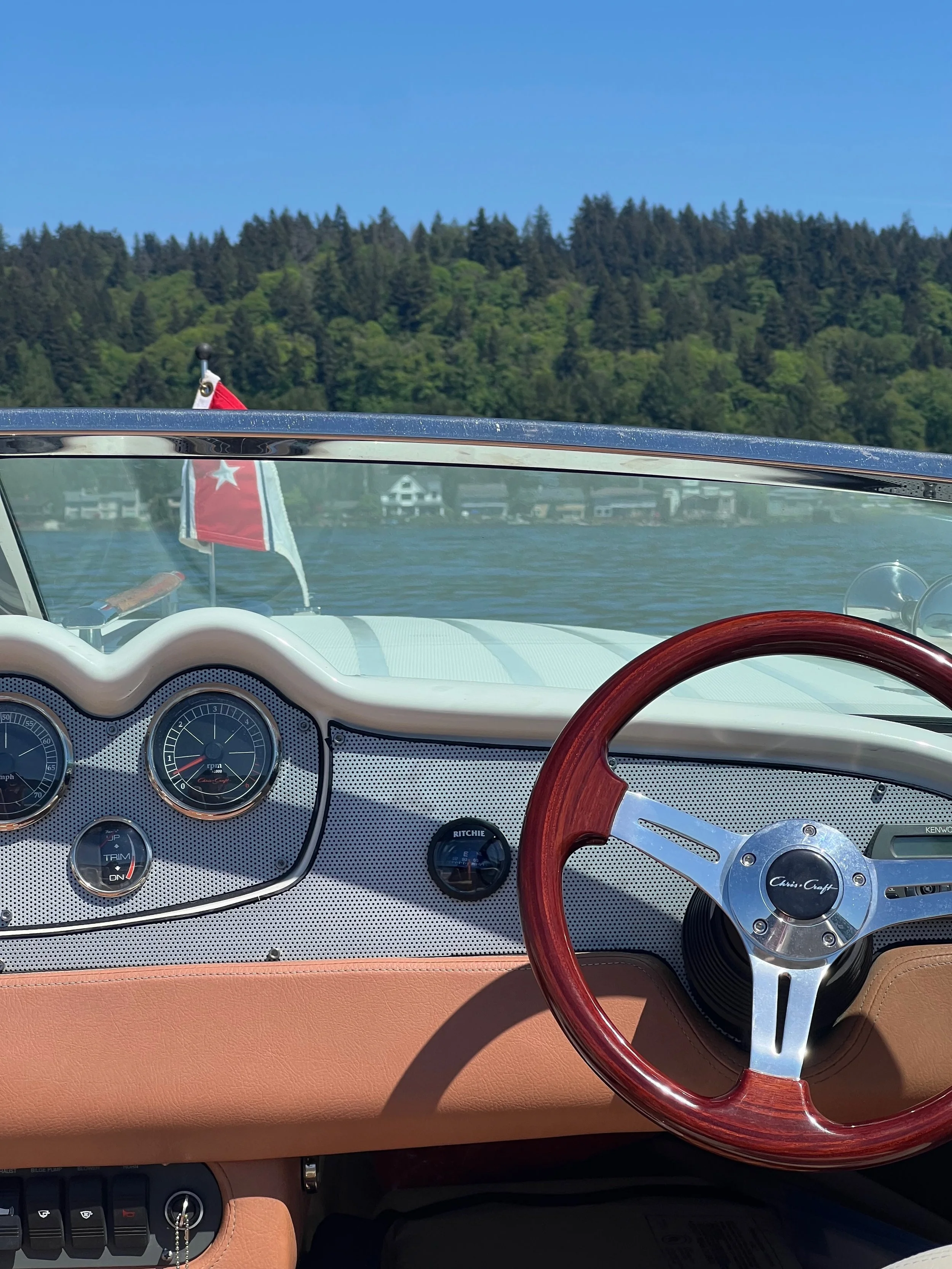 Interior view of a boat with a wooden steering wheel, speedometer, and other gauges, on a sunny day with a lake and forested shoreline visible through the windshield.