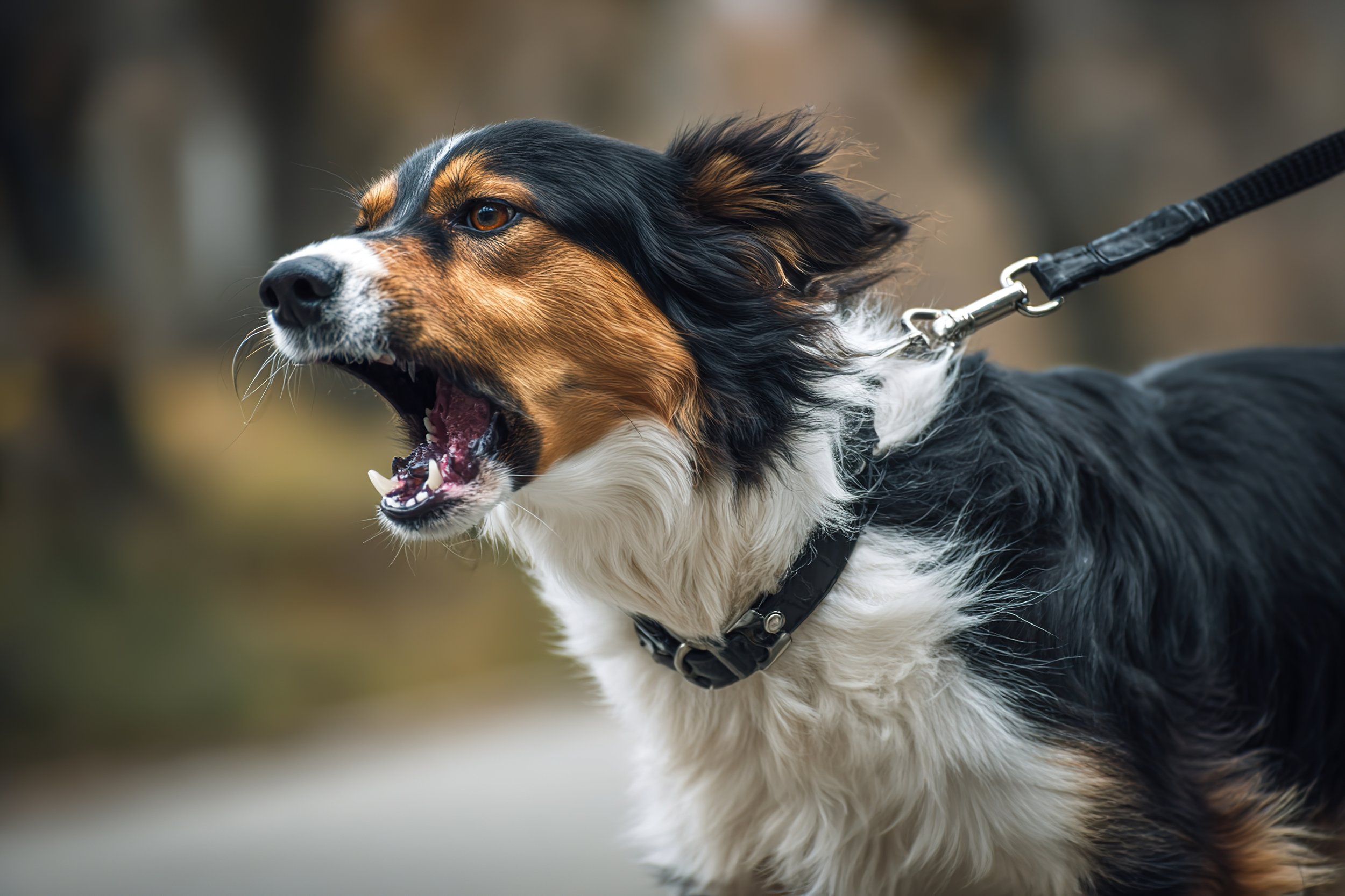 A dog with black, brown, and white fur and amber eyes, wearing a black collar and leash, barking or growling with its mouth open.