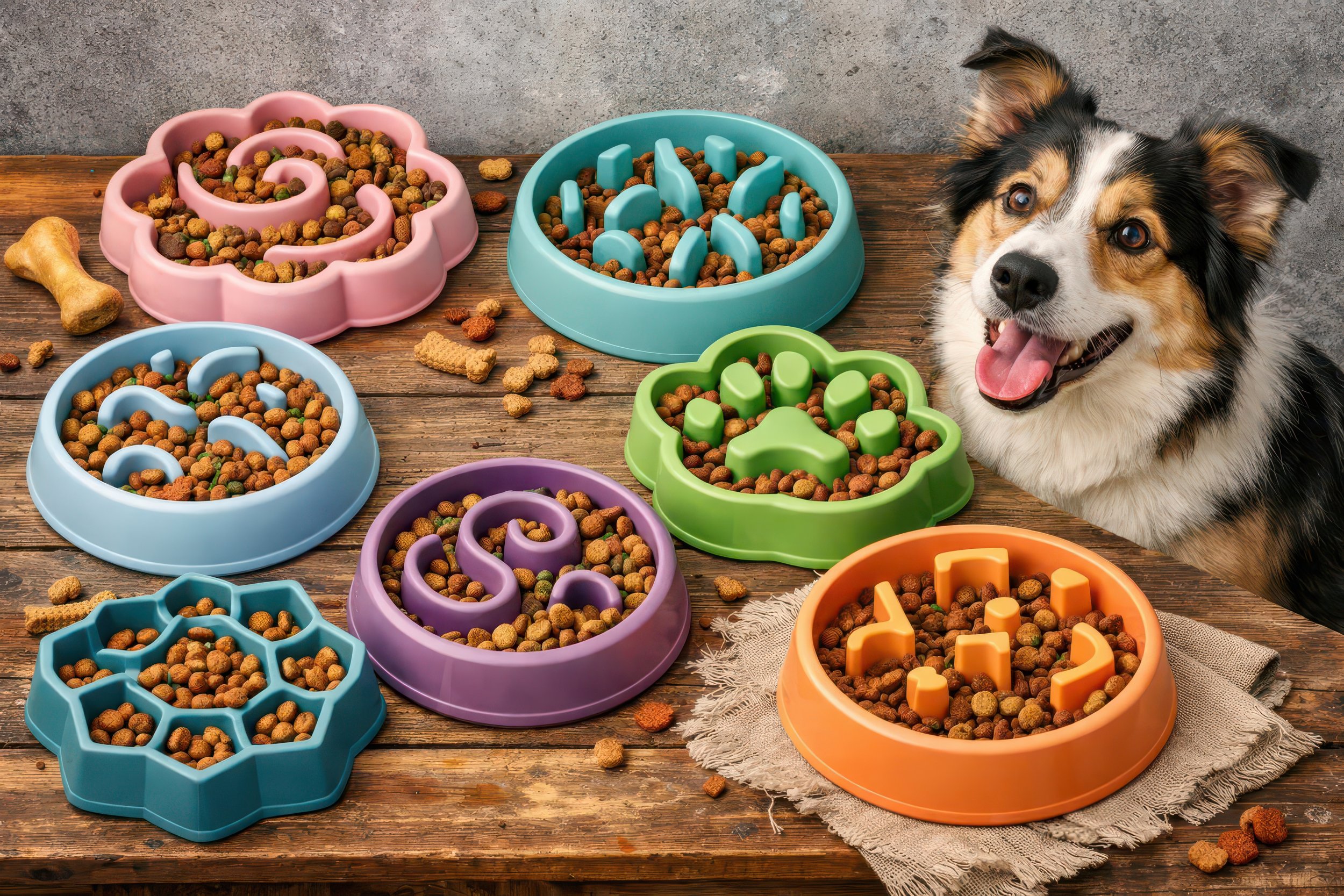 A dog sitting near colorful, shaped pet food bowls filled with dry dog food on a wooden surface, with a gray concrete wall in the background.