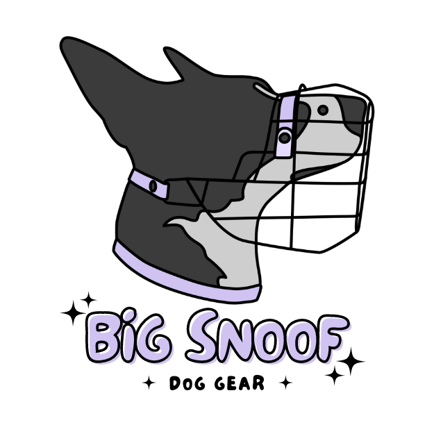 Illustration of a dog wearing a muzzle, with the words 'Big Snoof Dog Gear' underneath in purple text.