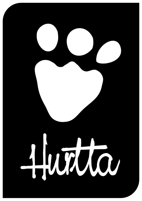 A black background with a white paw print above the word 'Hutta' written in a casual script.