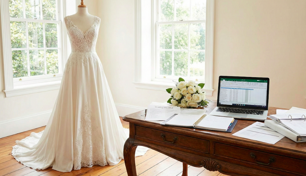 edding dress hanging next to a long wedding planning to-do list; symbolizing the logistics managed by a wedding assistant in Leesburg VA.