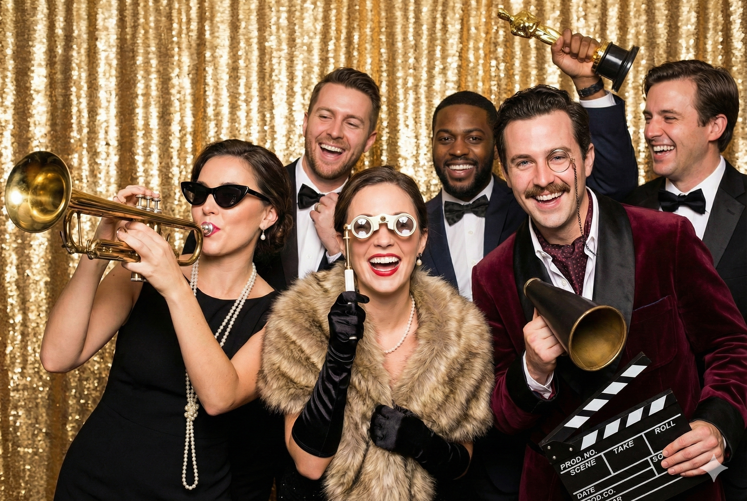 A group of seven people dressed in vintage and formal attire celebrating, with some holding musical instruments, a shotgun microphone, and a film clapperboard, against a gold sequin backdrop.
