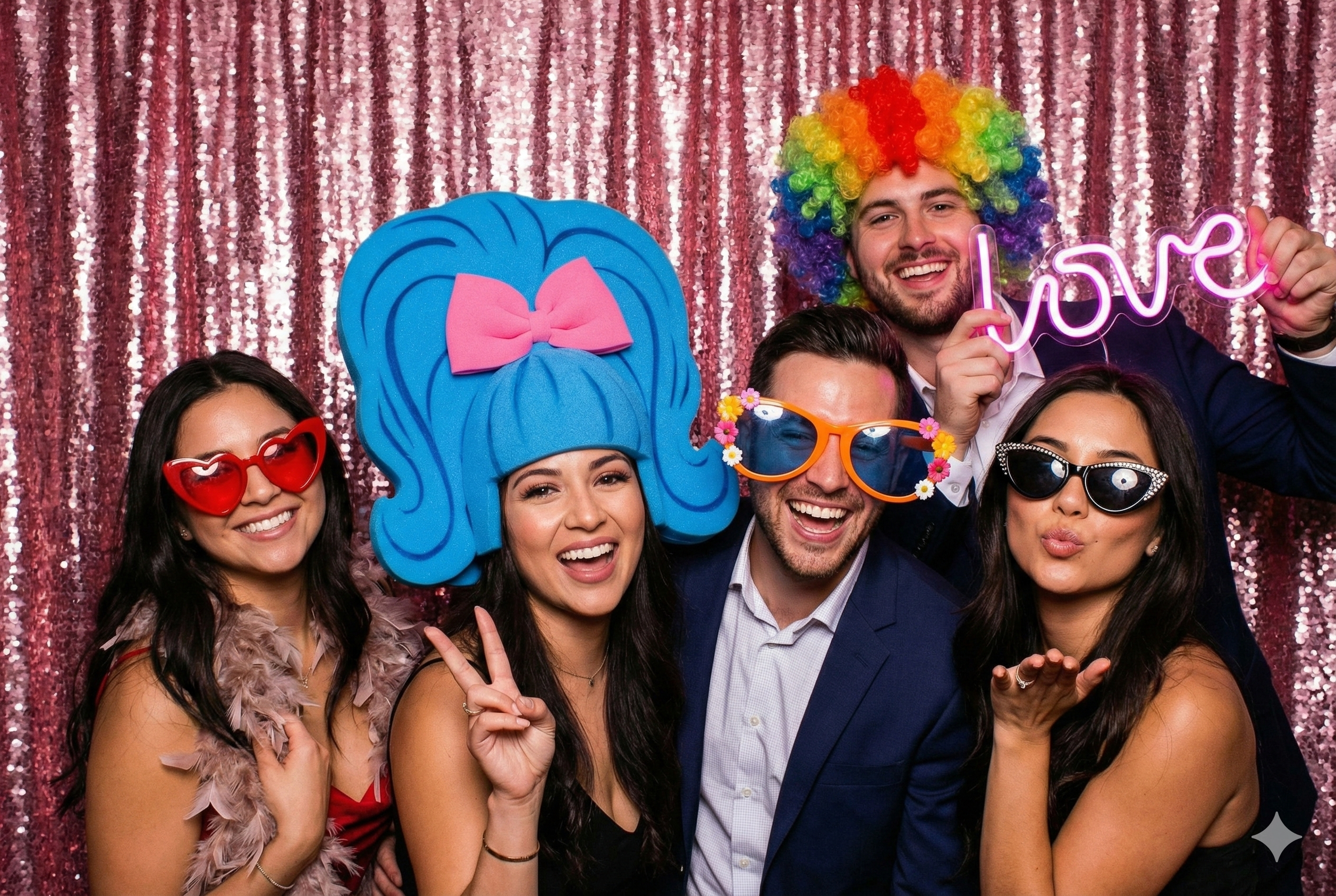 A group of six friends at a party, wearing colorful accessories like giant sunglasses and a rainbow wig, posing in front of a shiny pink sequin backdrop, with some holding signs that say 'love' and making peace signs.