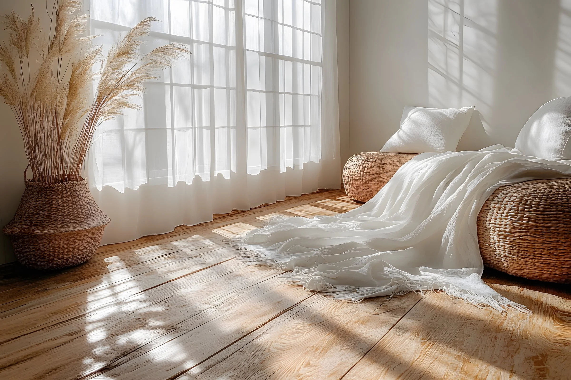 Sunlit, calming home space representing emotional wellness, rest, and burnout recovery for high-achieving women
