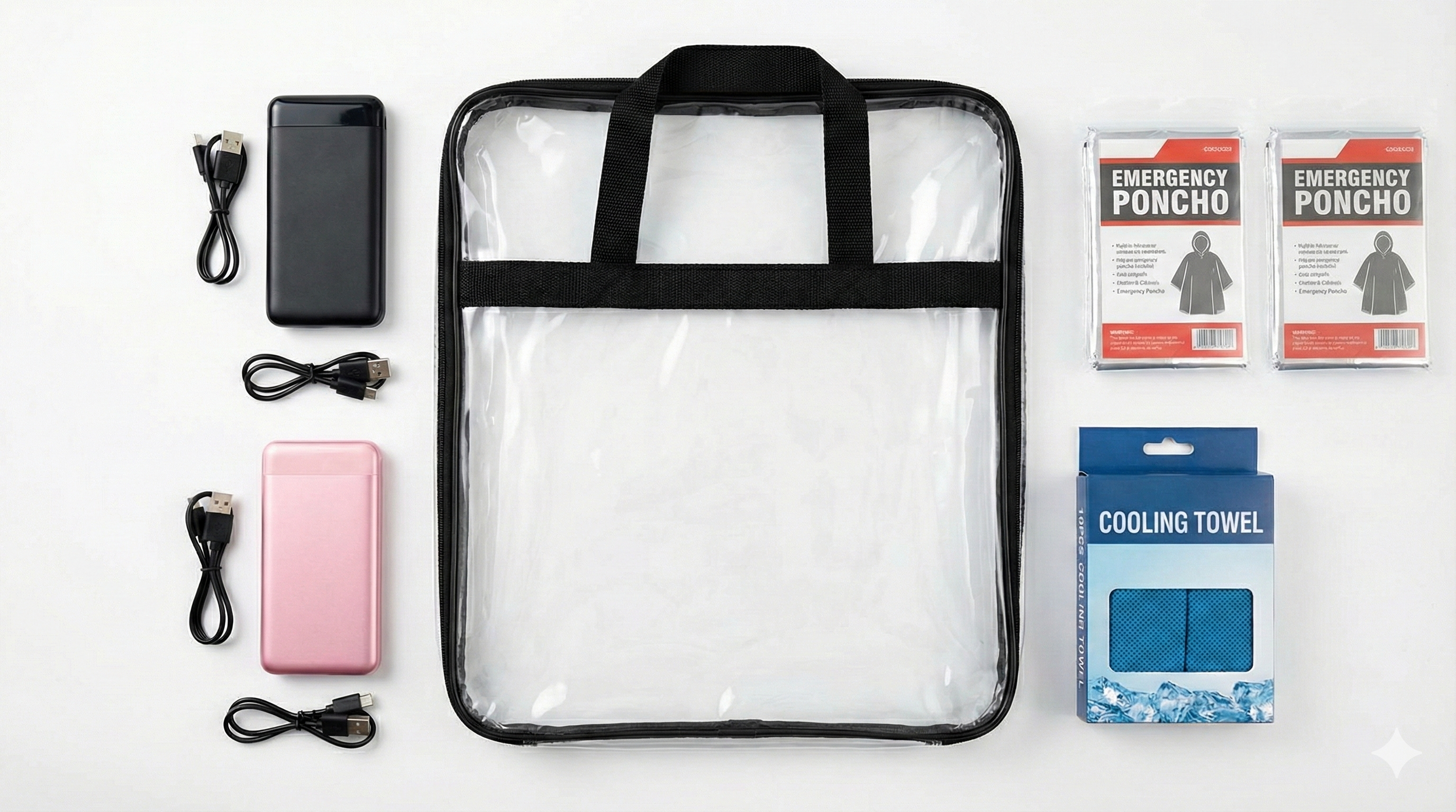 The USA Stadium Guide Clear Bag fully packed with organized accessories, showing how items like ponchos and towels fit perfectly within the regulation size.