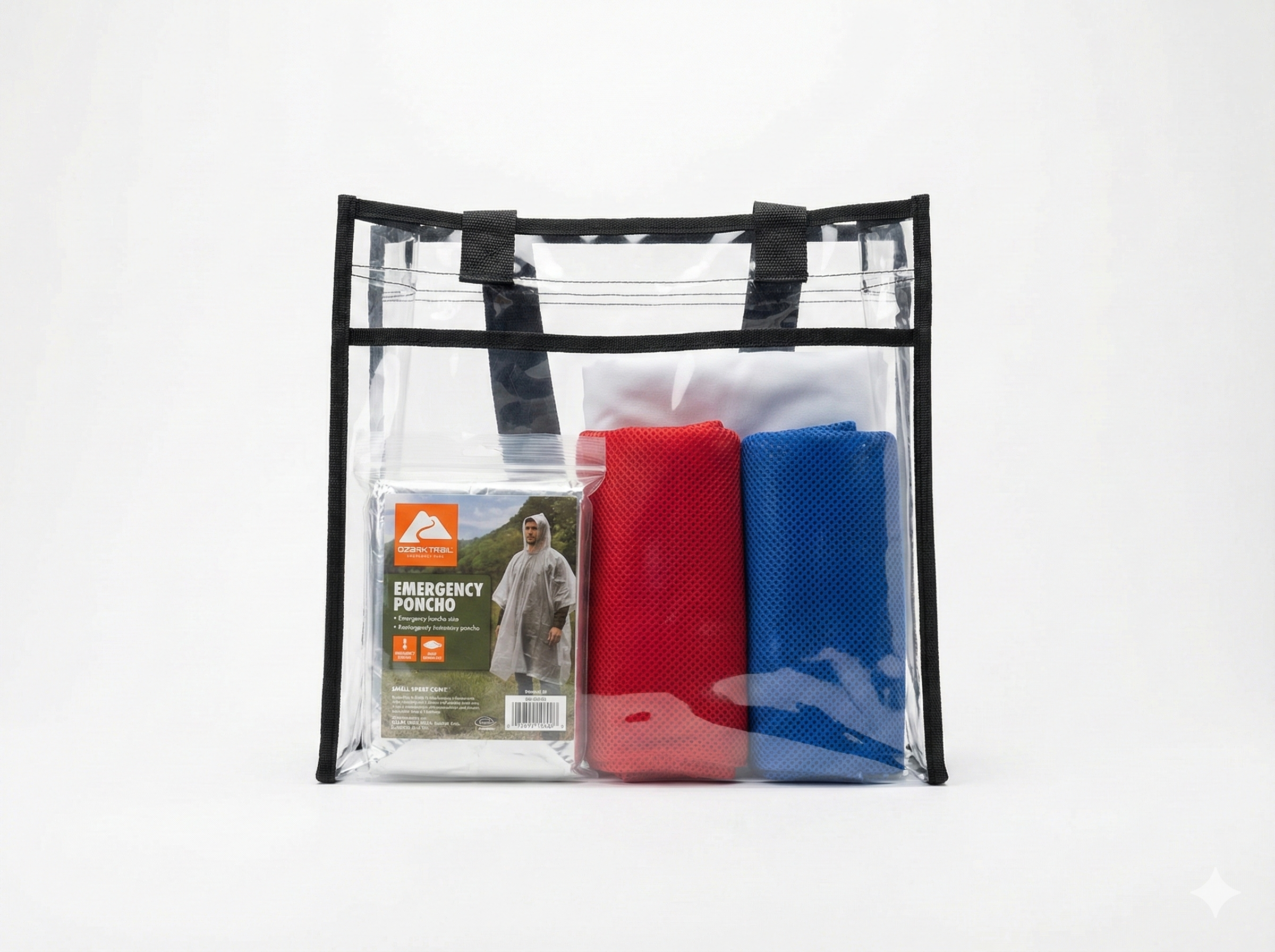 Front view of a transparent stadium tote bag filled with game-day essentials, demonstrating clear visibility for easy security clearance.