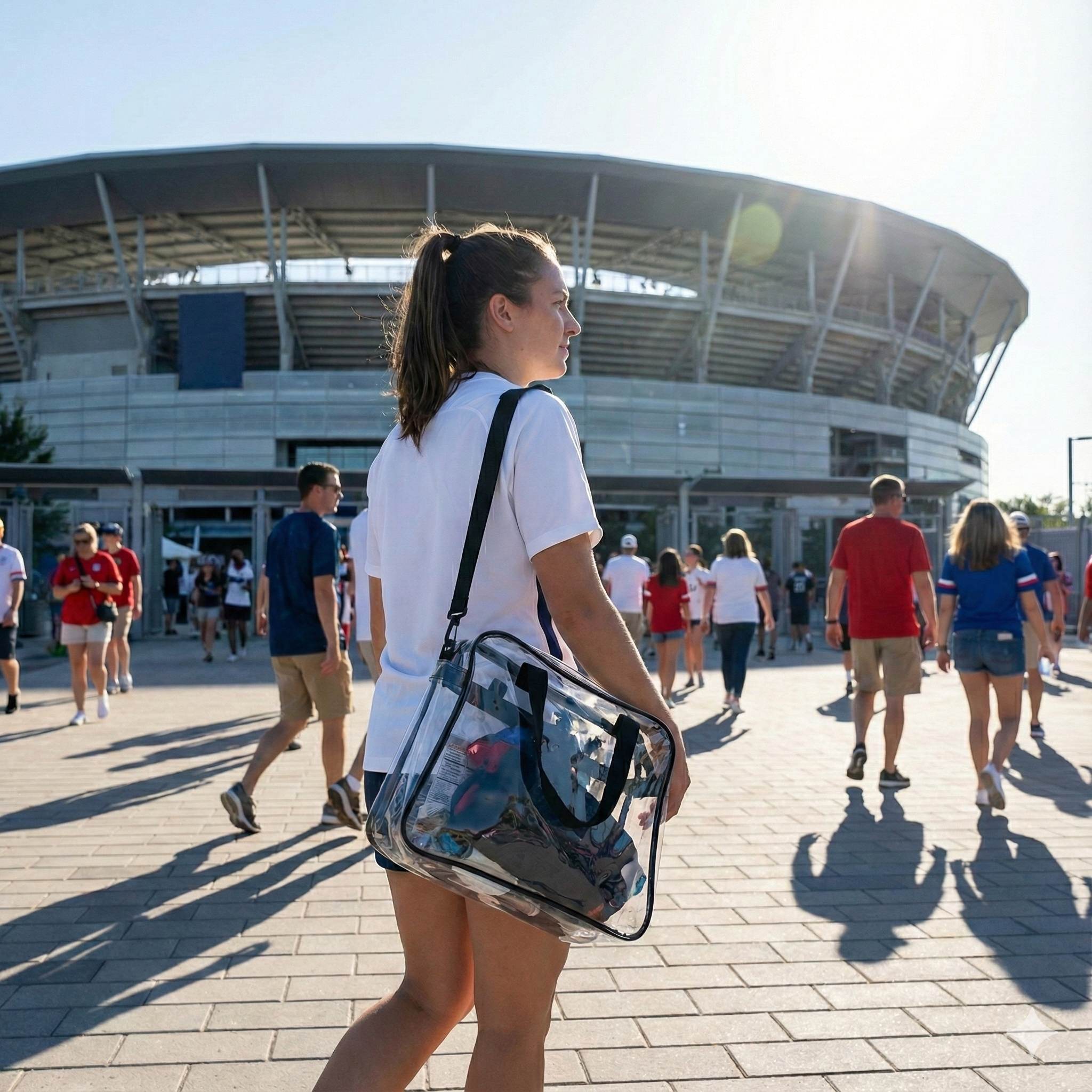 Rear view of a fan approaching a stadium gate with a clear bag on their shoulder, adhering to strict bag policies.