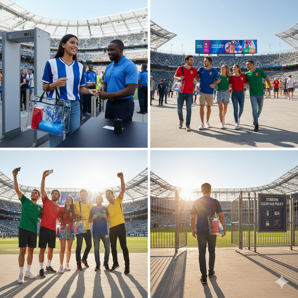 Photos of people at a stadium. Top left: a woman in a blue and white striped jersey smiling and talking with a man at a security checkpoint. Top right: a group of young people in colorful soccer jerseys walking inside the stadium. Bottom left: a group of friends taking selfies and celebrating on the field with the stadium in the background. Bottom right: a man walking toward the stadium gate with a clear bag, with gates and a sign visible.